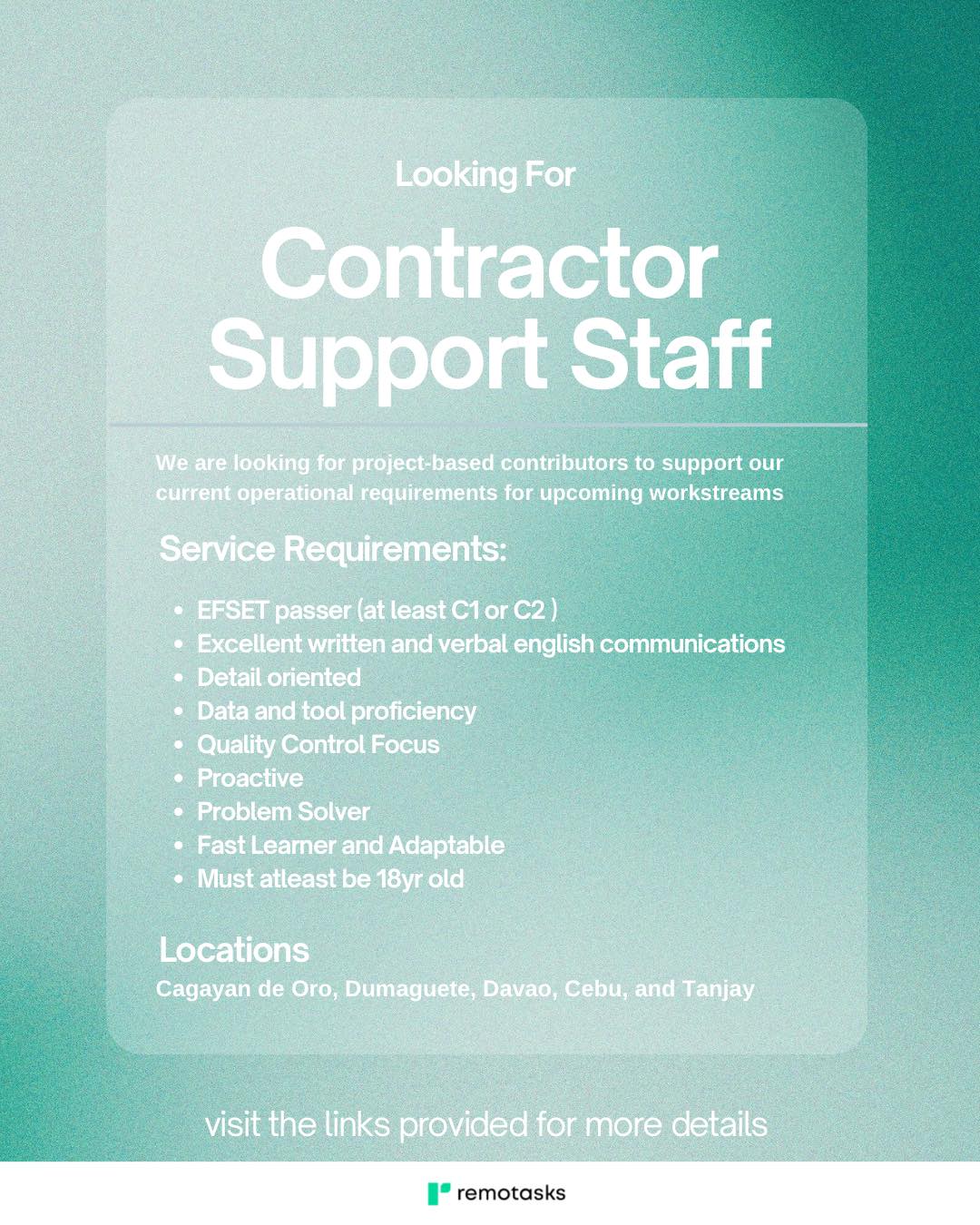 Join Our Team! Contractor Support... - PH Remotasks Tiers | Facebook