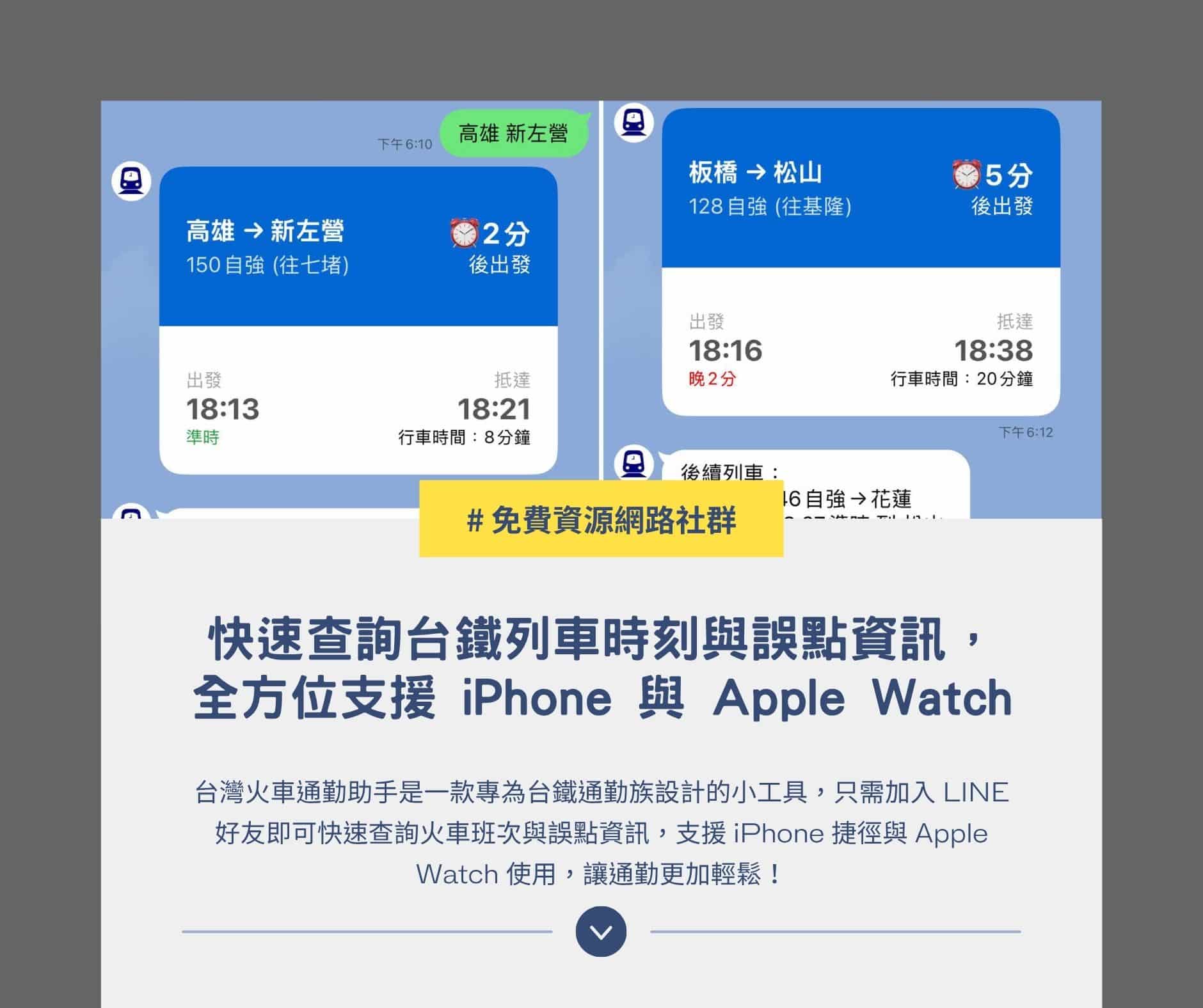 免費資源網路社群 - 近期發現一個非常實用的小工具，可以快速查詢台鐵兩個車站間即時車次和時間資訊，只需要加入 LINE 好友馬上就能使用，如果 ...