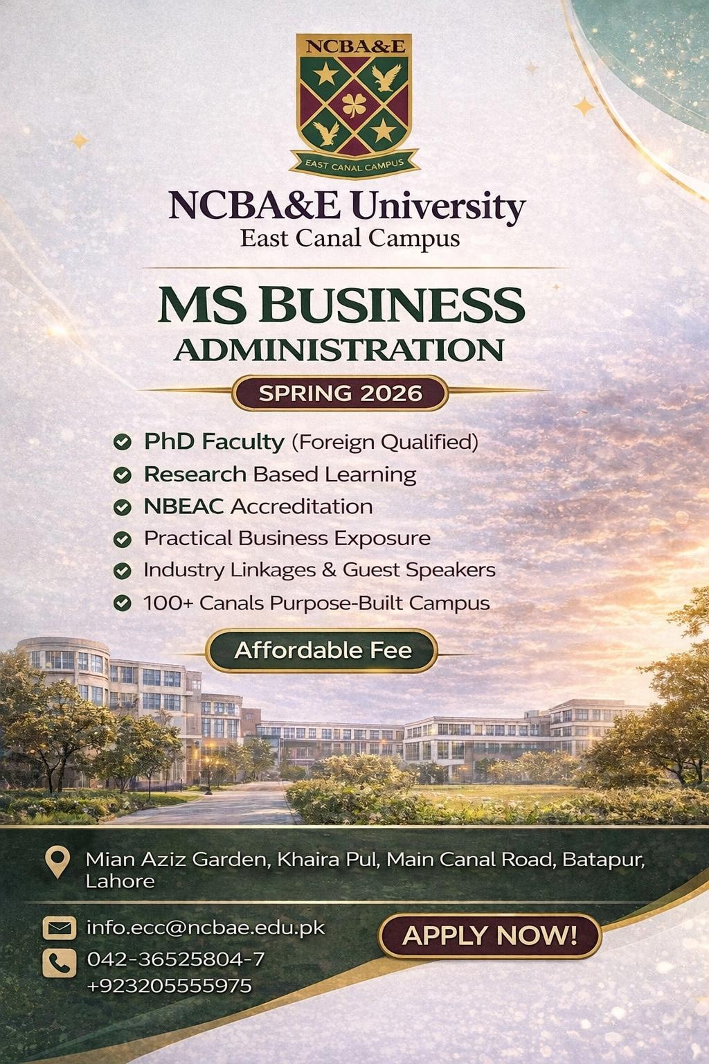 NCBA&E - East Canal Campus | Lahore