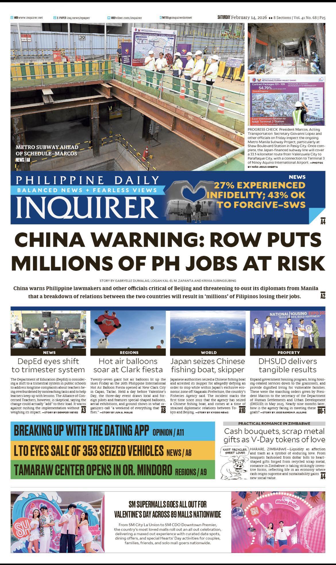 INQUIRER.net - Today's Inquirer front page (February 14, 2026) # ...