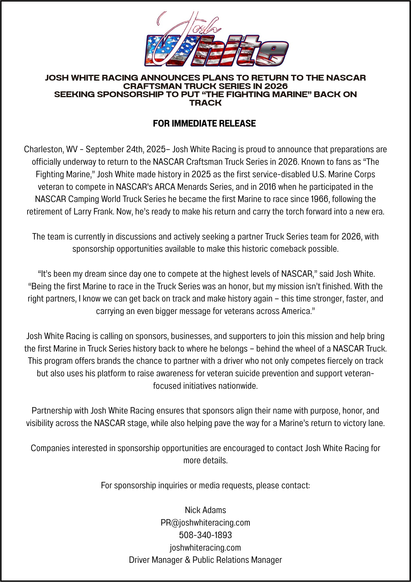 Josh - FOR IMMEDIATE RELEASE Charleston, WV – September 24th, 2025 ...
