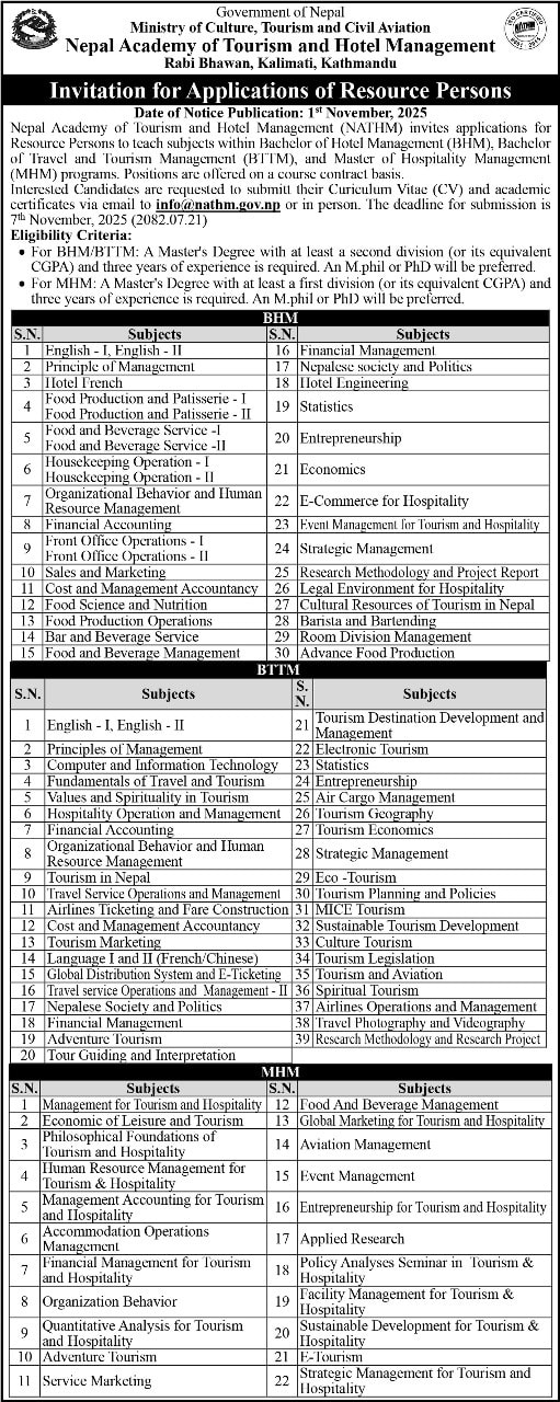 Nepal - Nepal Academy of Tourism and Hotel Management (NATHM) invites ...