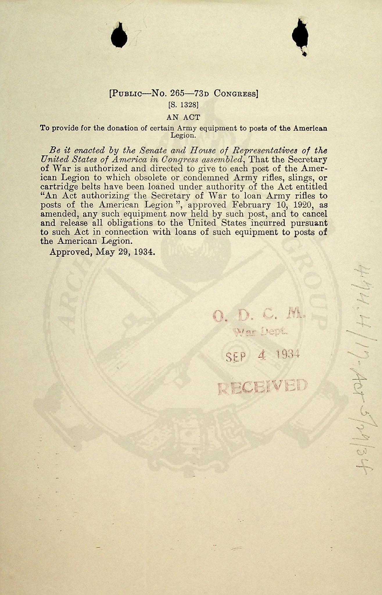 Archival - The act passed by Congress that allowed the American Legion ...