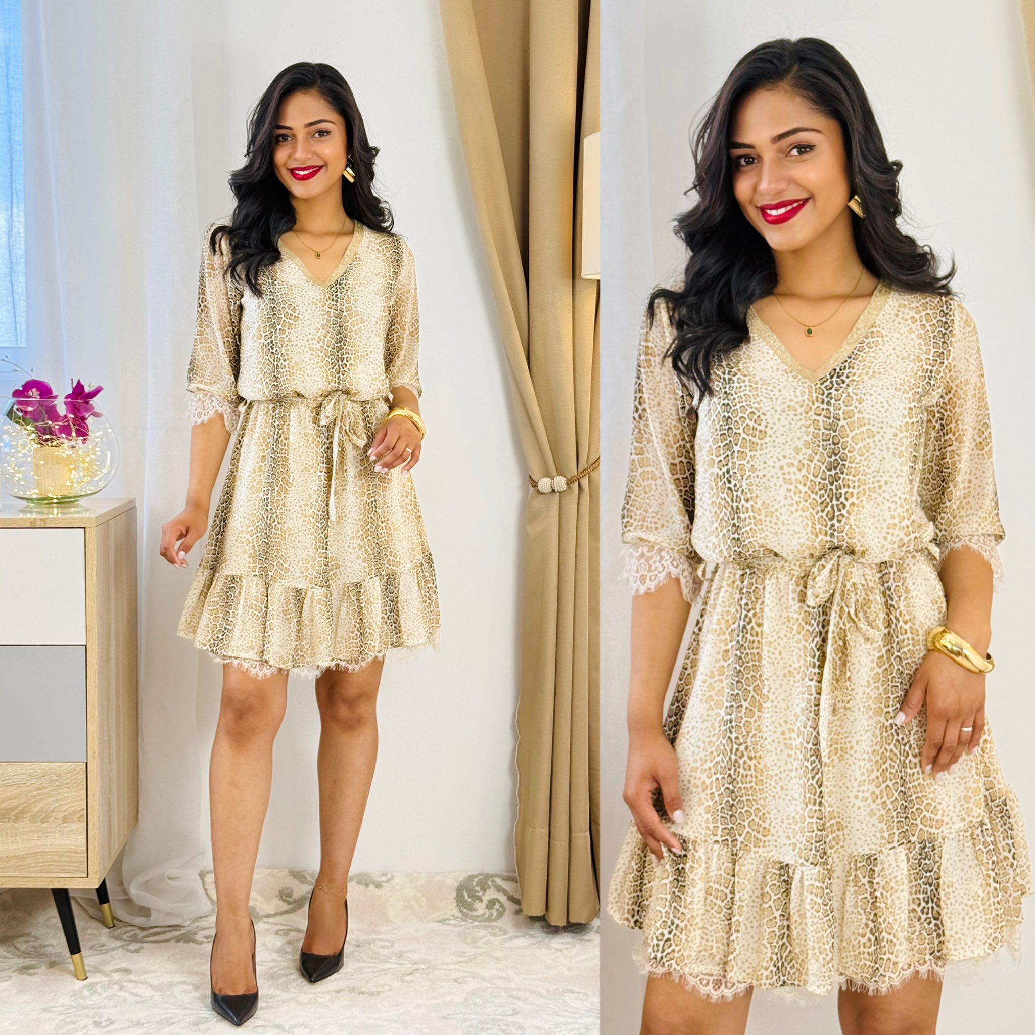 ISIS - Robe chic fluide ceinturée À motifs piton A encolure doré ...