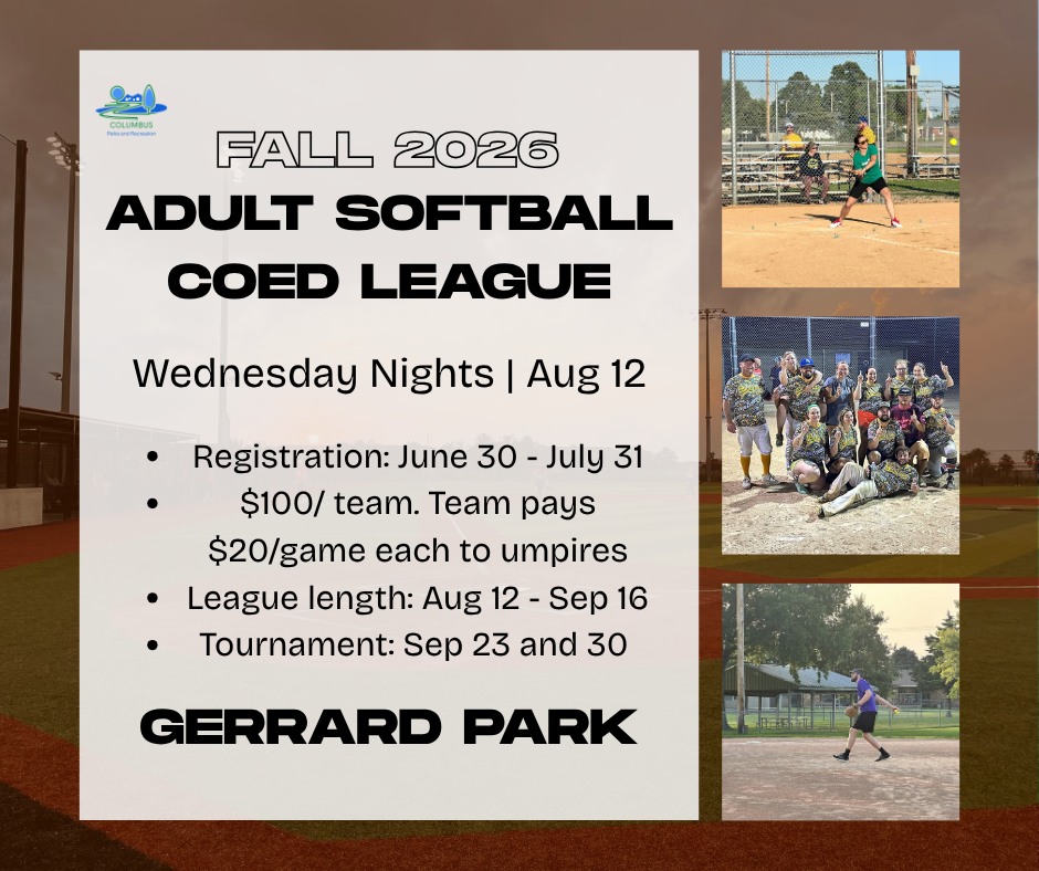 Fall 2026 coed softball league registration at Gerrard Park