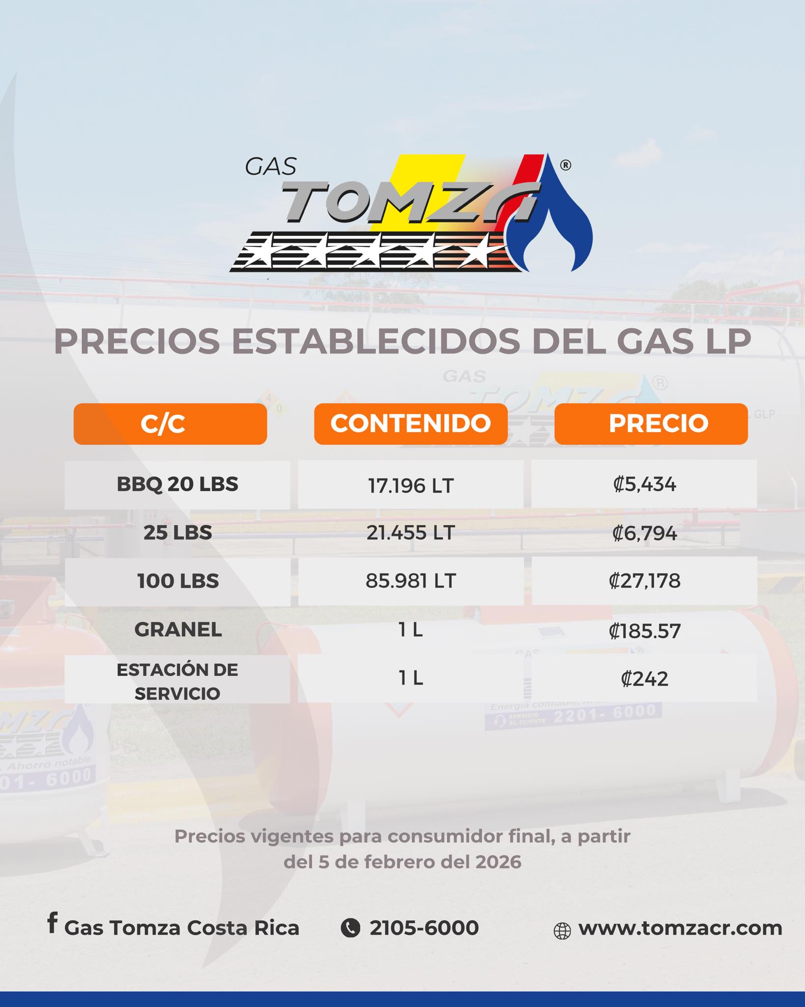Estos son los precios vigentes a partir del 5 de febrero del 2026. Gas Tomza Costa Rica 🇨🇷 energía confiable, ahorro notable. Si tienes dudas o consultas puedes comunicarte con nosotros al