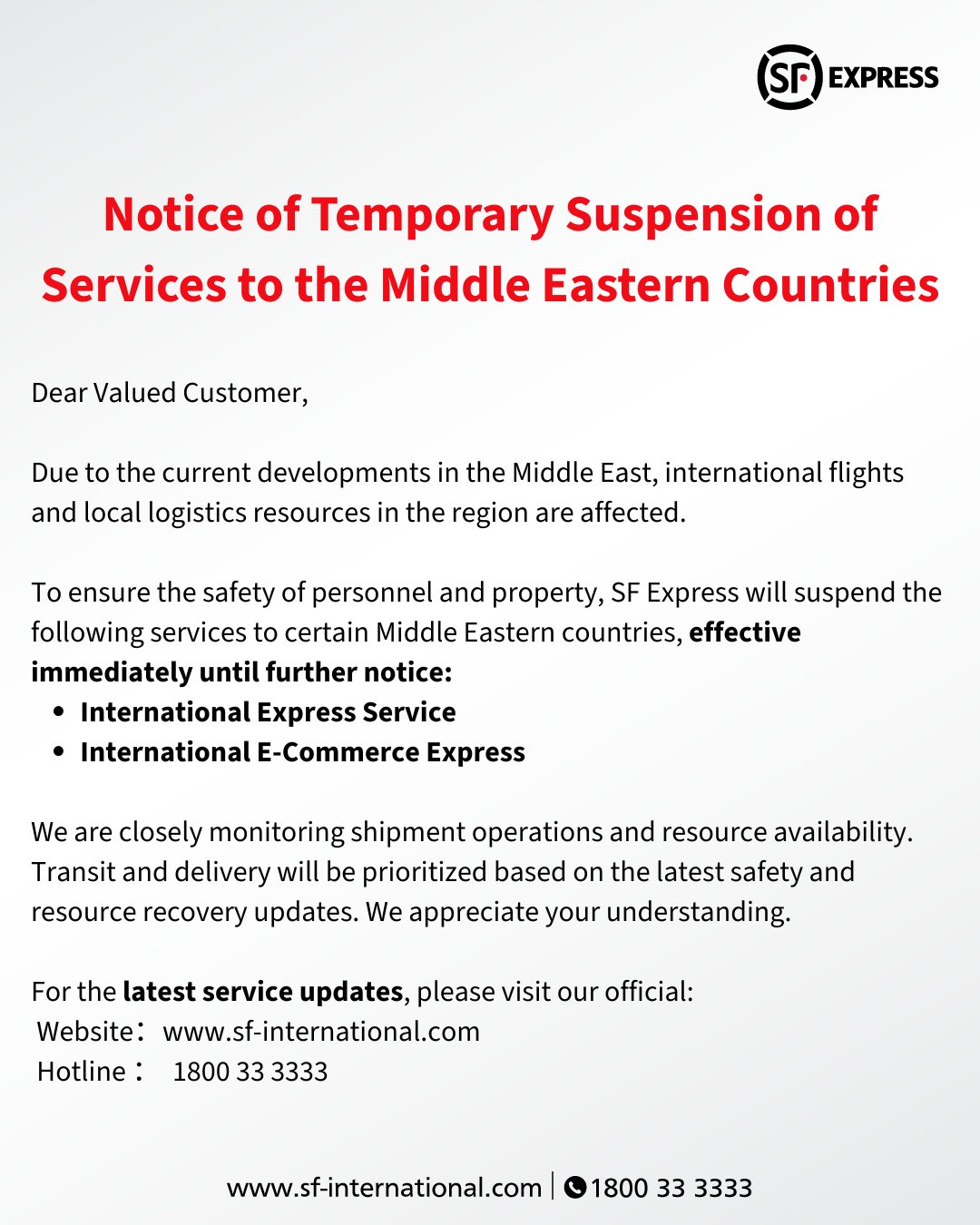 SF Express MY - 📢 Notice of Temporary Suspension – Middle... | Facebook