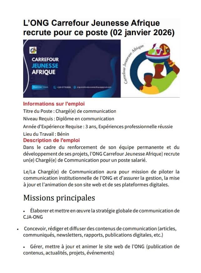 JOBS BENIN - 🚨 AVIS DE RECRUTEMENT Une ONG recrute :... | Facebook