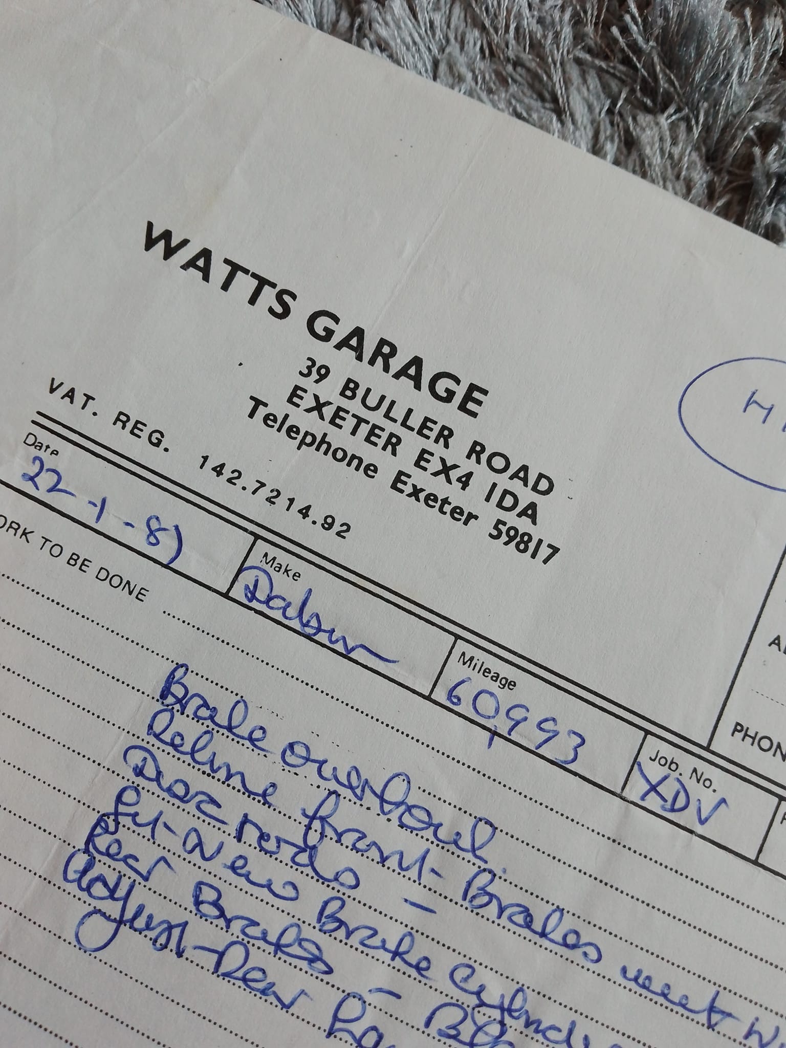 Watts Garage St. Thomas invoice for Datsun car