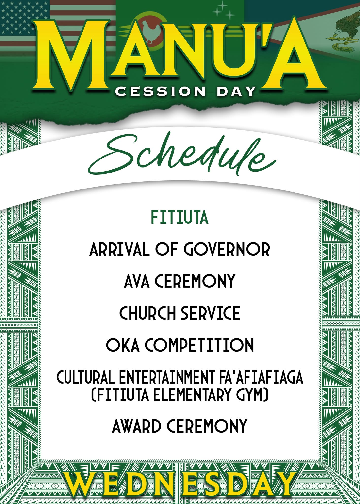 Schedule of events for Wednesday, July 15, 2026 – Manu'a Cession ...