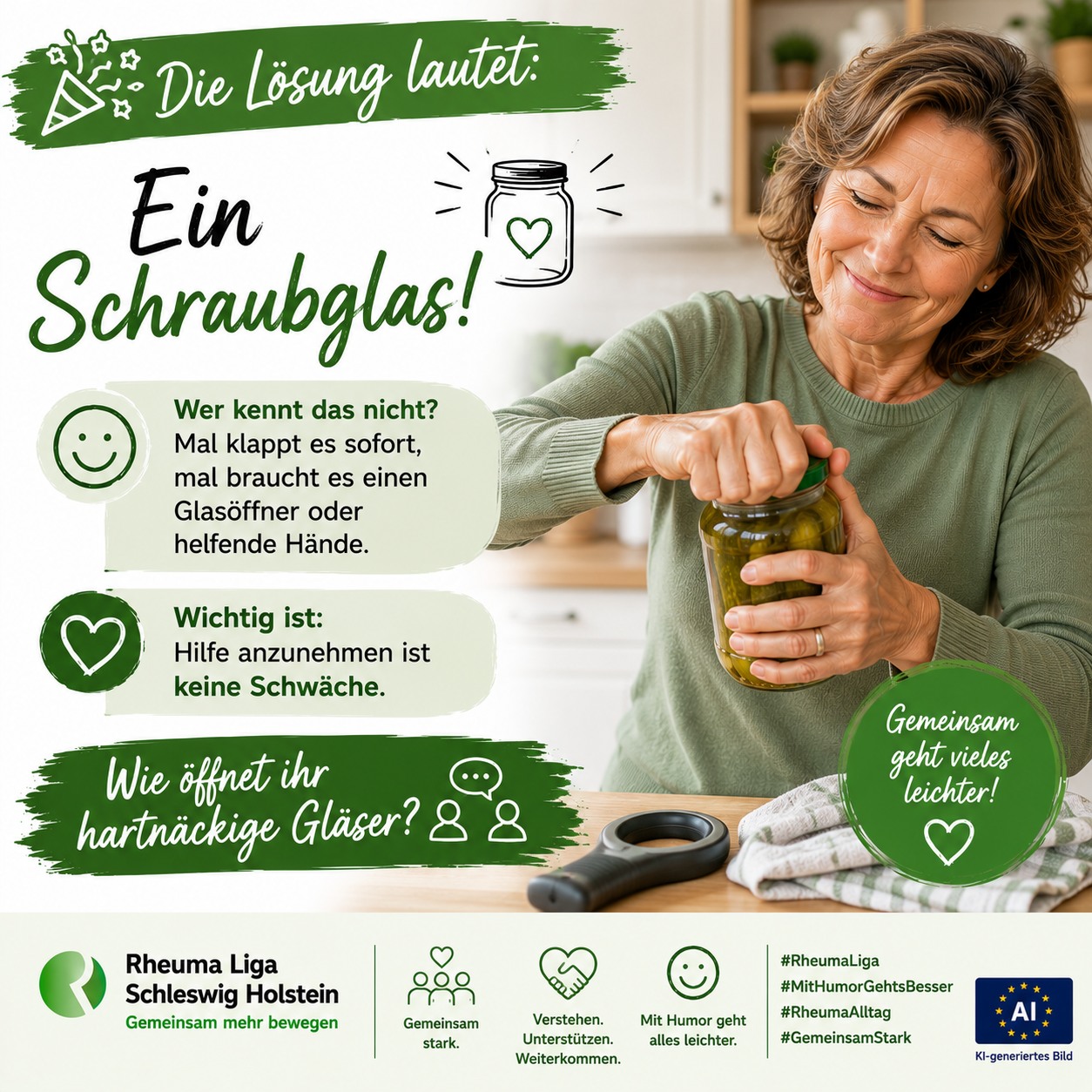 🥳 Die Lösung lautet: Ein Schraubglas! Wer kennt das nicht? Mal klappt es sofort, mal braucht es einen Glasöffner oder helfende Hände. 💚 Wichtig ist: Hilfe anzunehmen ist keine Schwäche. Wie öffnet