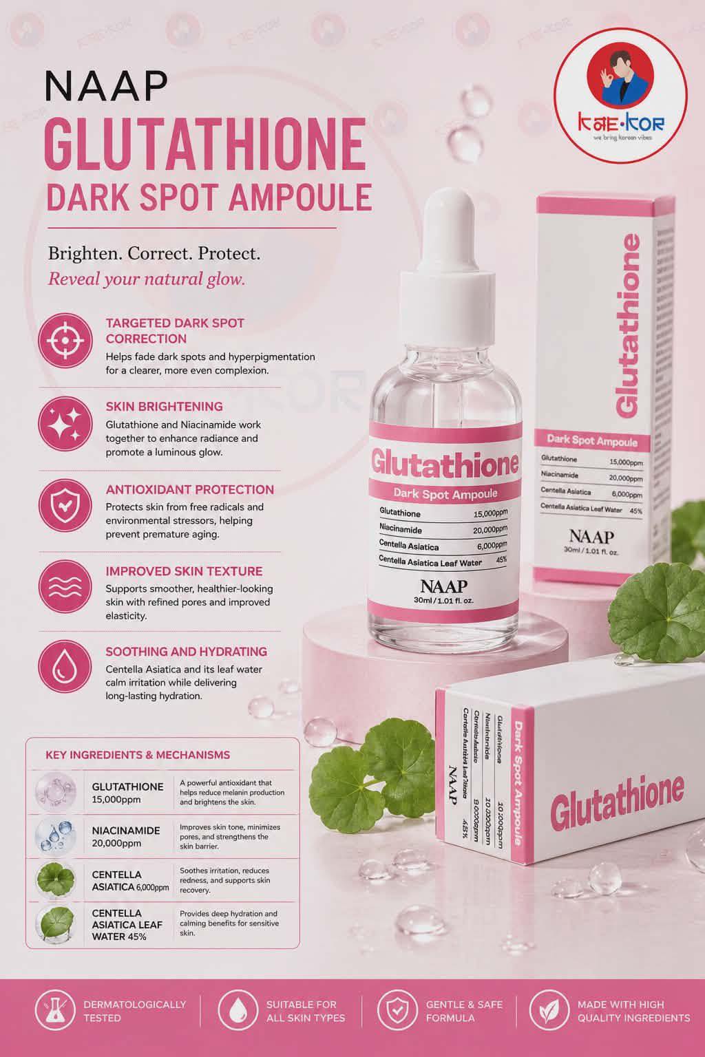 A POWERFUL brightening and revitalizing facial SERUM. With Glutathione and vitamin C. THE EXTRA SERUM Helps to fade existing dark spots and prevent new ones from forming. How to use this glutathion