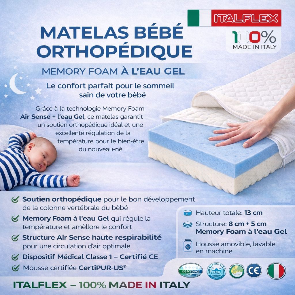 Baldiflex Matelas Waterfoam Double Power 170x190 Cm (20 Cm) - Revêtement Aloe Vera, 2 Oreillers Offerts - Fabriqué En Italie