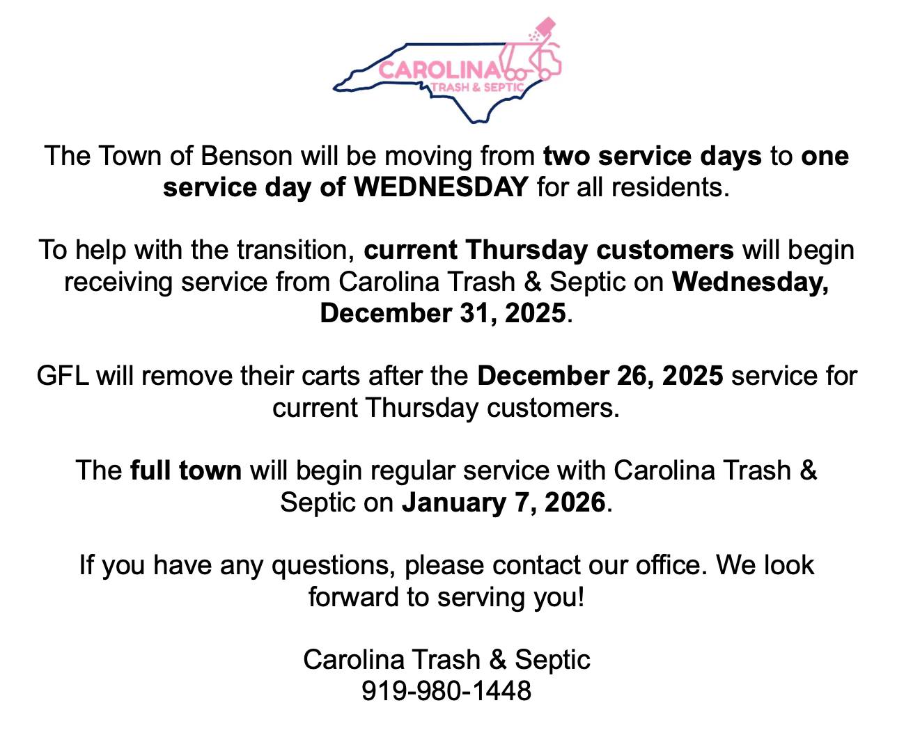 Town - A reminder from Carolina Trash and Septic (12-19-25): The Town ...