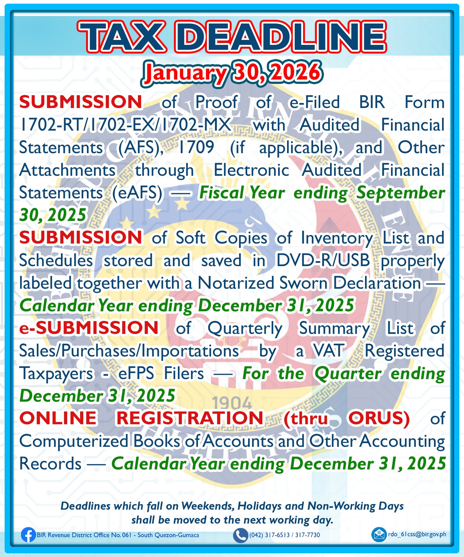 ️ ️ ️ Tax Deadline: January 30, 2026 SUBMISSION of Proof of e-Filed BIR ...