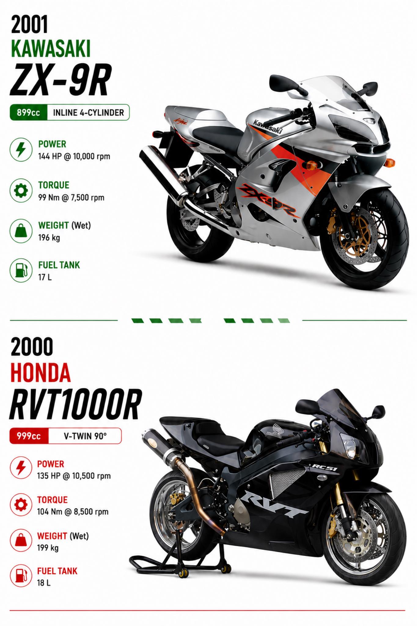 The Kawasaki ZX-9R and the Honda RVT1000R represent two distinct