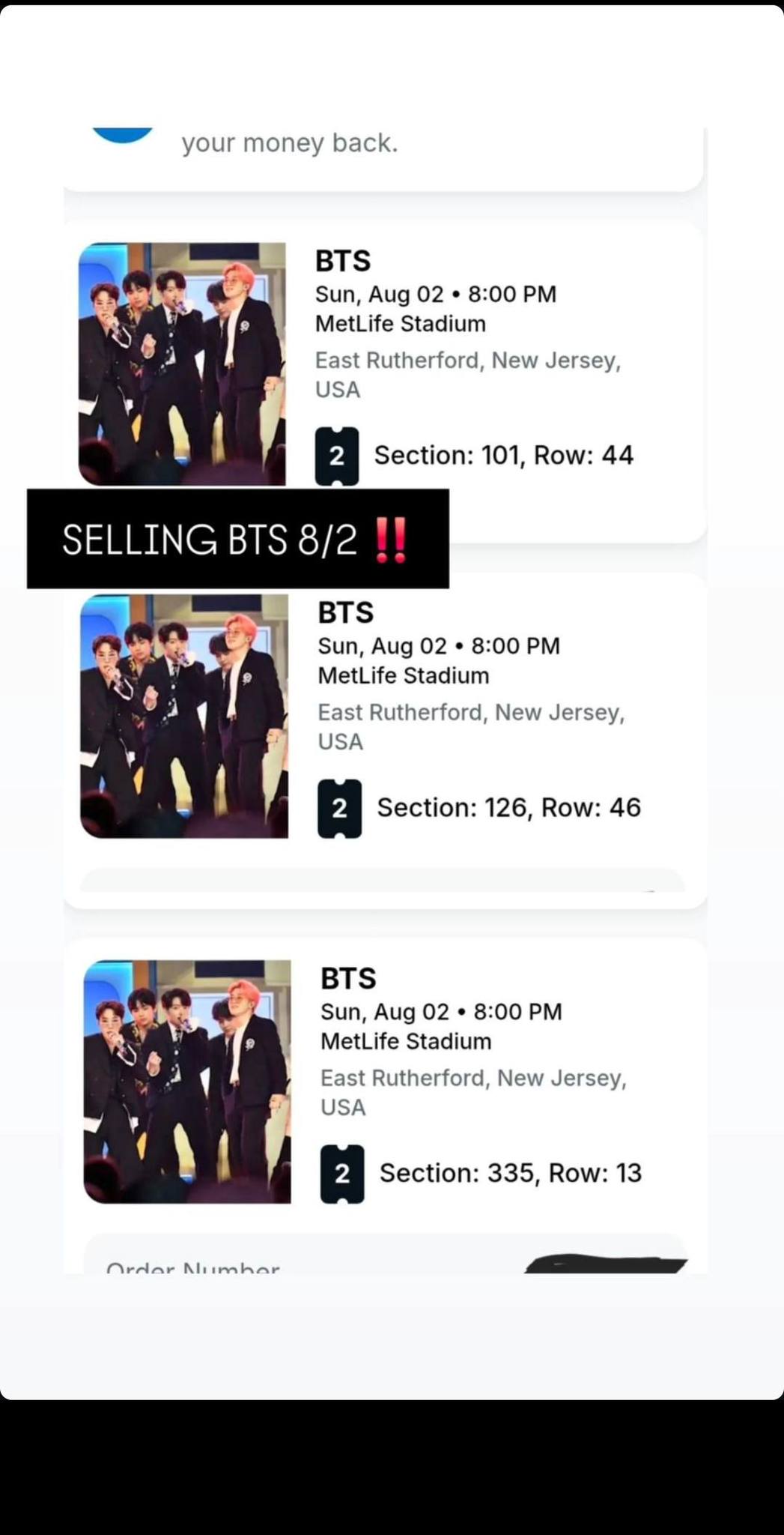 SELLING 6 TOTAL BTS TICKETS METLIFE STADIUM 8/2 SUNDAY 2X PER