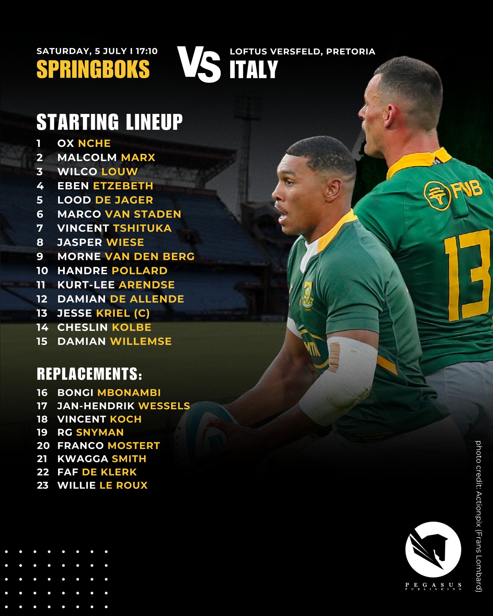 The #Springboks will face Italy with... - Pegasus Publishing | Facebook