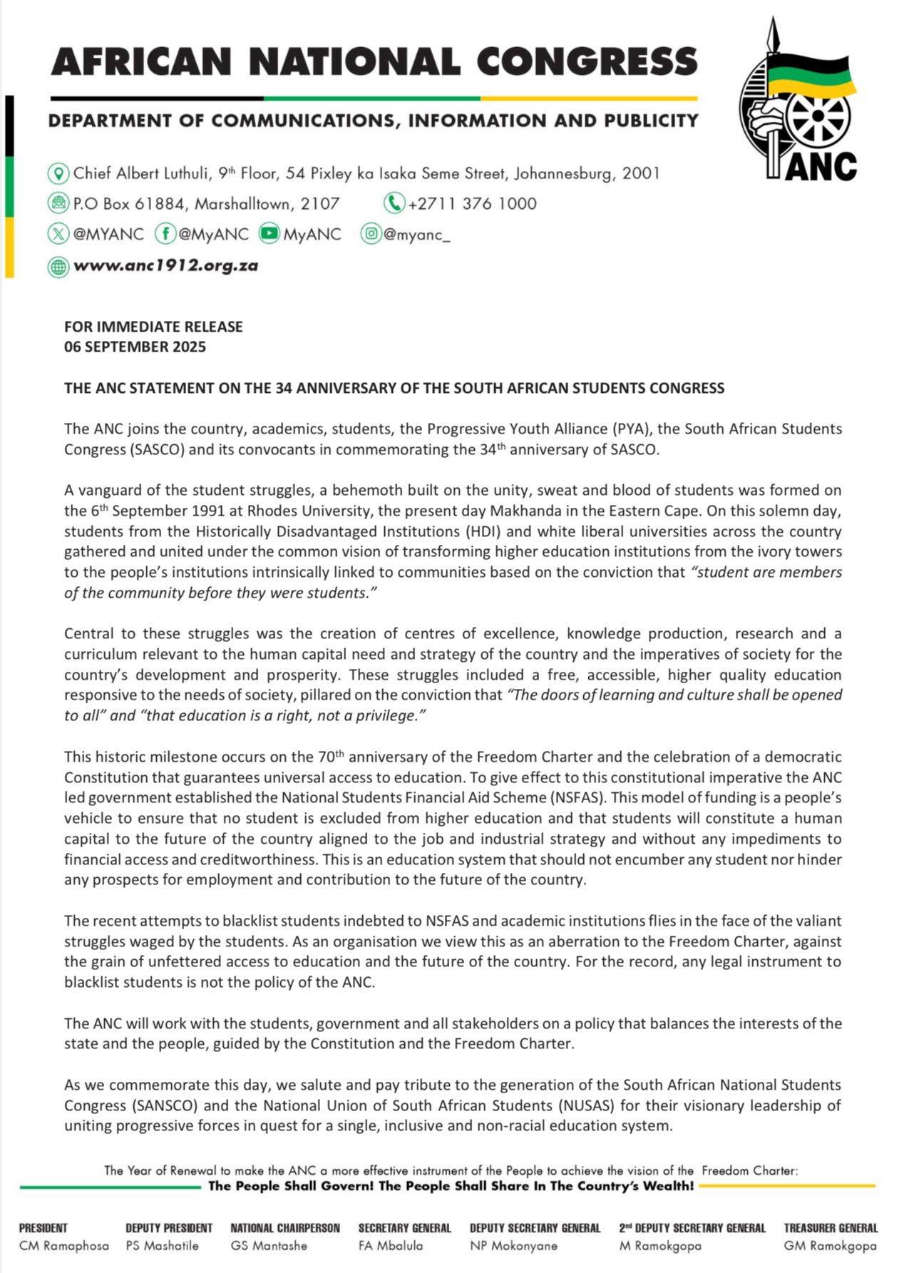 MyANC - THE ANC STATEMENT ON THE 34 ANNIVERSARY OF THE... | Facebook