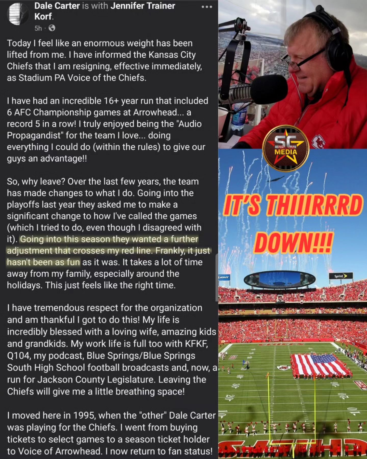 Stadium PA Voice of the #Chiefs, Dale Carter, is resigning as it 