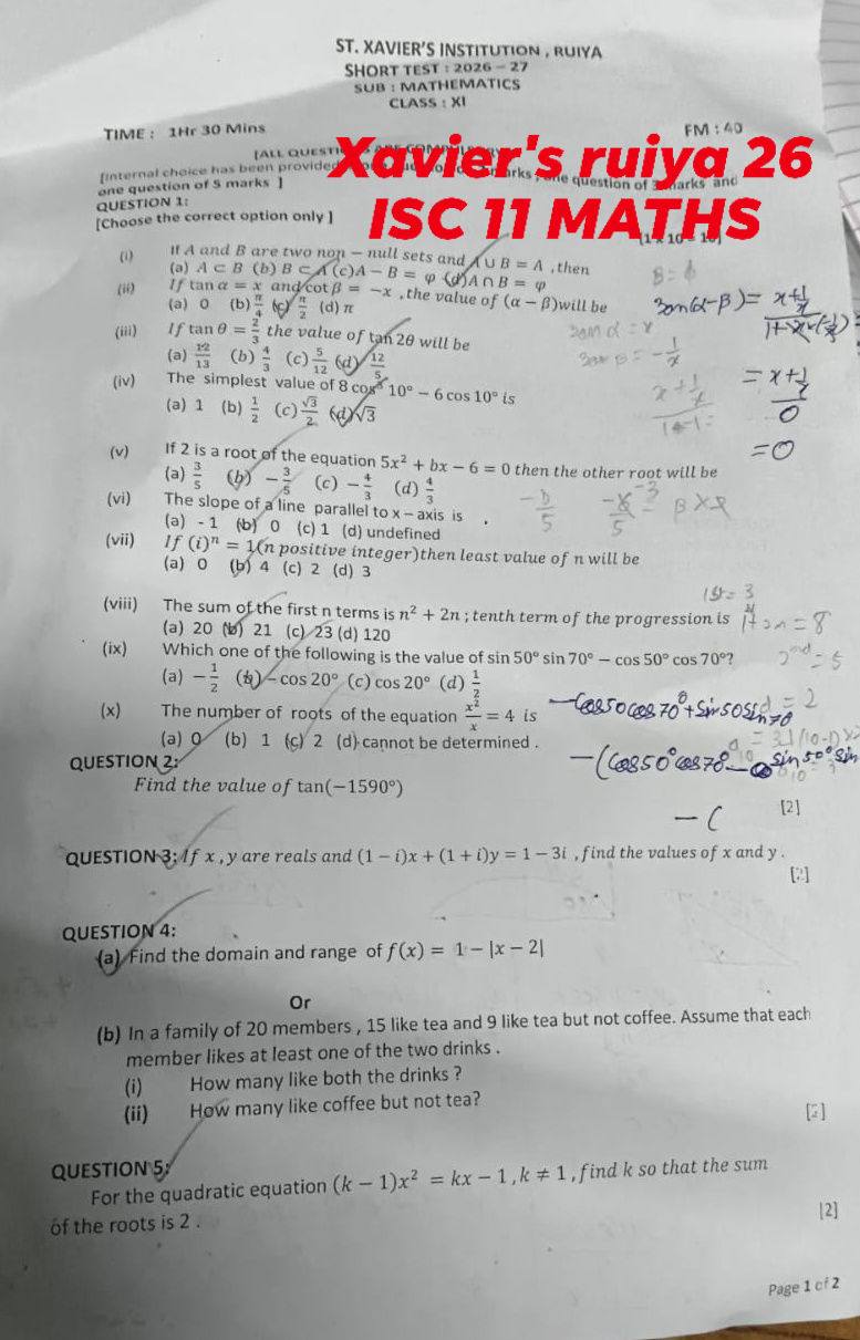 ISC 11 Pure Maths Unit Test 1 Xavier's ruiya 26 QUESTION Paper -26