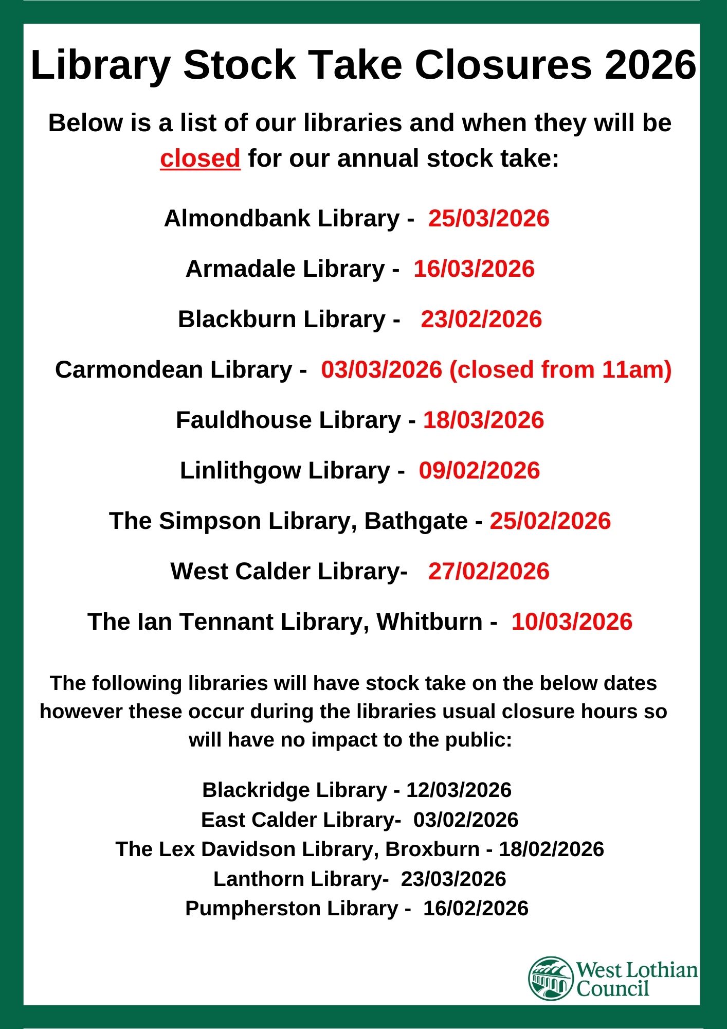 West - Libraries Annual Stock Take – Customer Notice Over the next ...