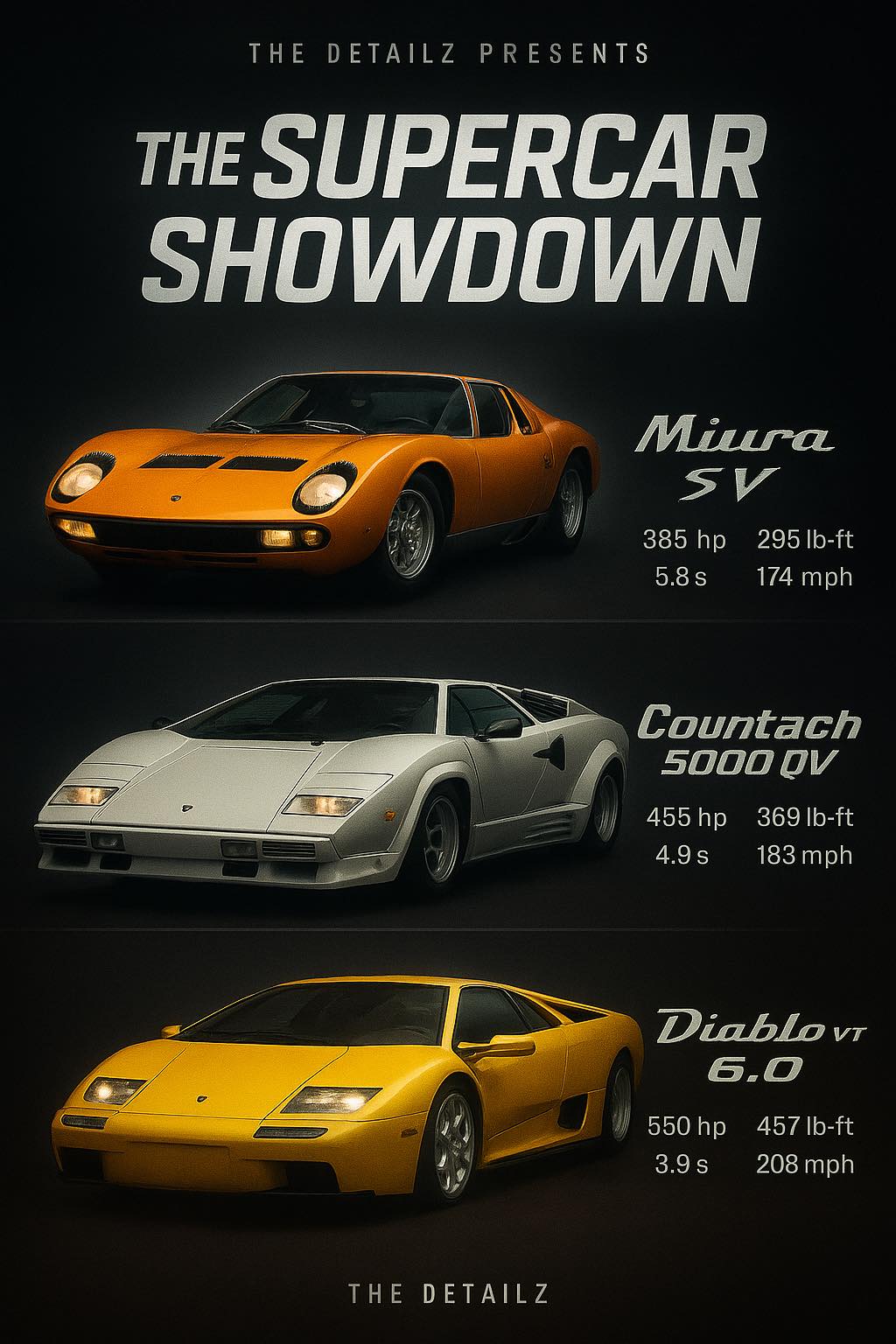 Lamborghini Miura, Countach and Diablo.