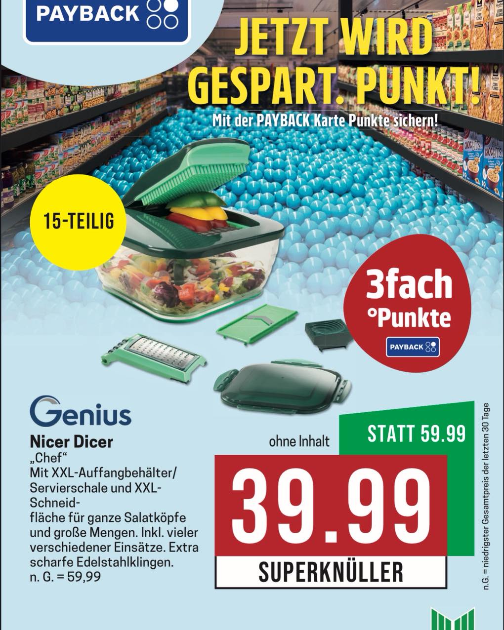 Diese Woche: Genius Nicer Dicer „Chef“🥗🥬🥒🫑 Das Set ist 15-teilig und enthält einen XXL-Auffangbehälter/Servierschale, eine XXL-Schneidfläche für ganze Salatköpfe und große Mengen, sowie verschiedene Einsätze mit extra scharfen Edelstahlklingen. Mit