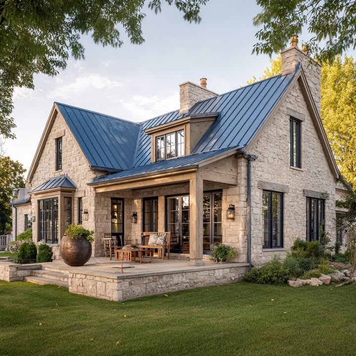 Traditional - Discover this elegant stone bungalow with a slanted blue ...