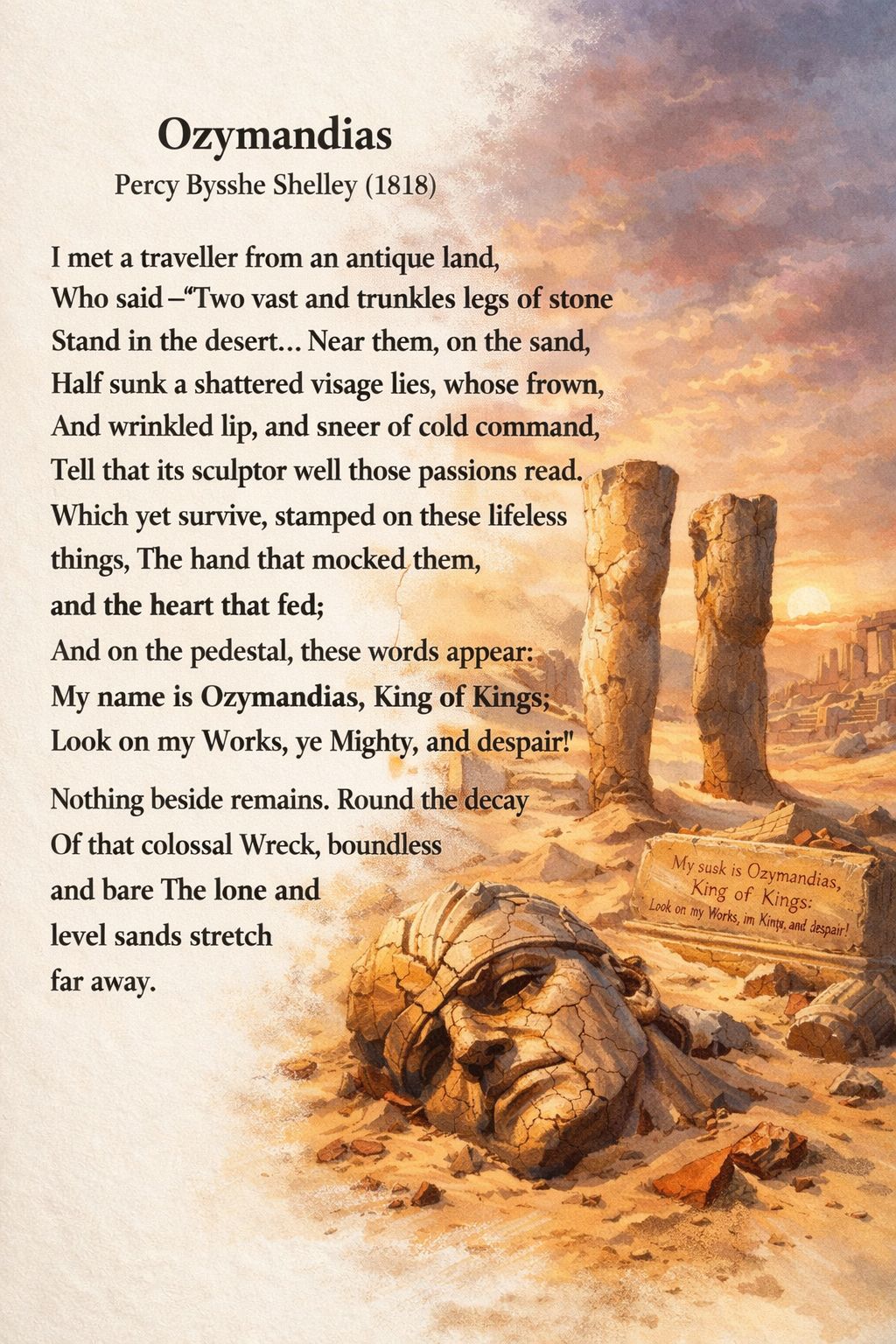 English - “Ozymandias” by Percy Bysshe Shelley I met a traveller from ...