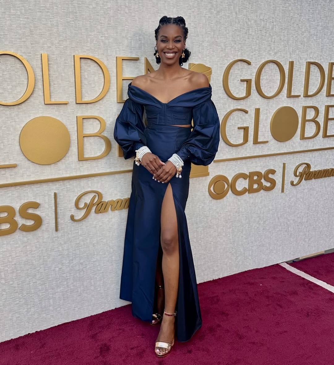 golden globe blue dress Essence host @onetakestace steps onto the Globes carpet in our April & Alex satin dress, looking poised, confident, and effortlessly radiant blue dress red carpet