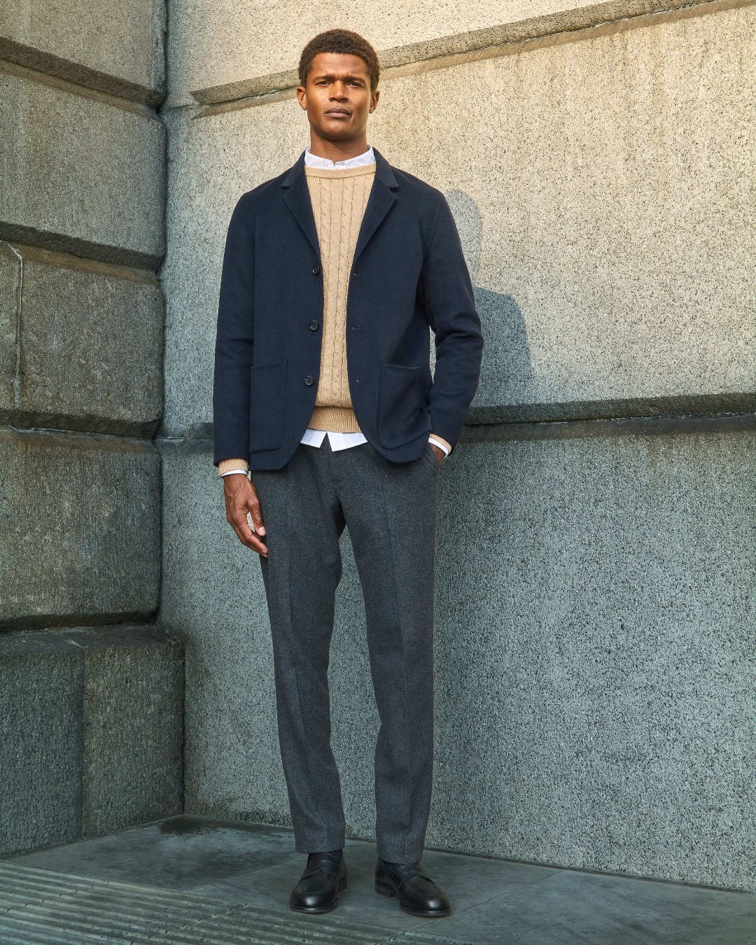 grey dress pants with navy blazer Autumn means flannel. trousers and a tailored pair effortlessly a cable-knit sweater, crisp poplin shirt and leather loafers. A refined mix of texture and style for the season engagement party dresses