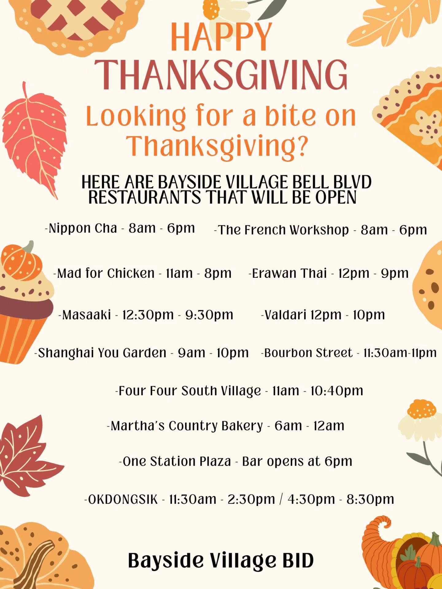 Happy Thanksgiving! Here is a list... - Bayside Village BID | Facebook