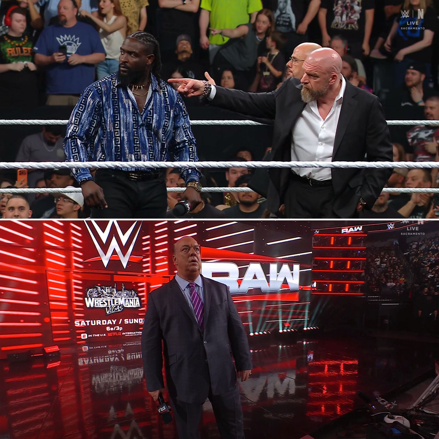 Paul Heyman is on the stage watching Oba Femi