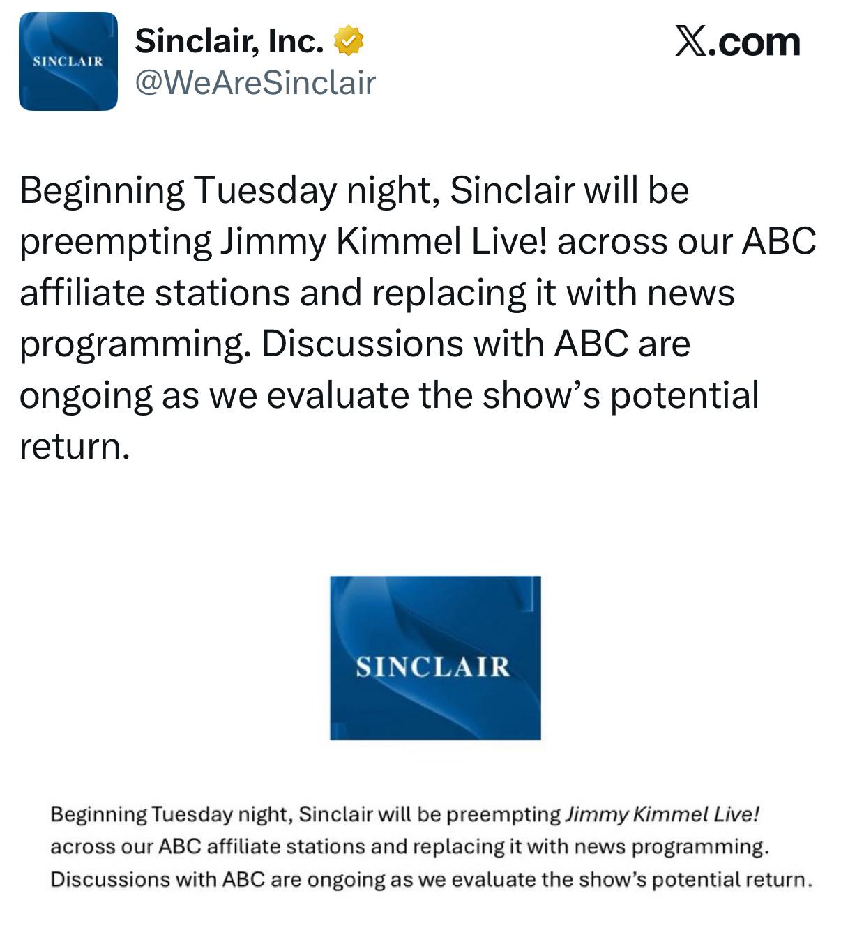 An0maly - Sinclair says they will not air Jimmy Kimmel’s show Tuesday ...