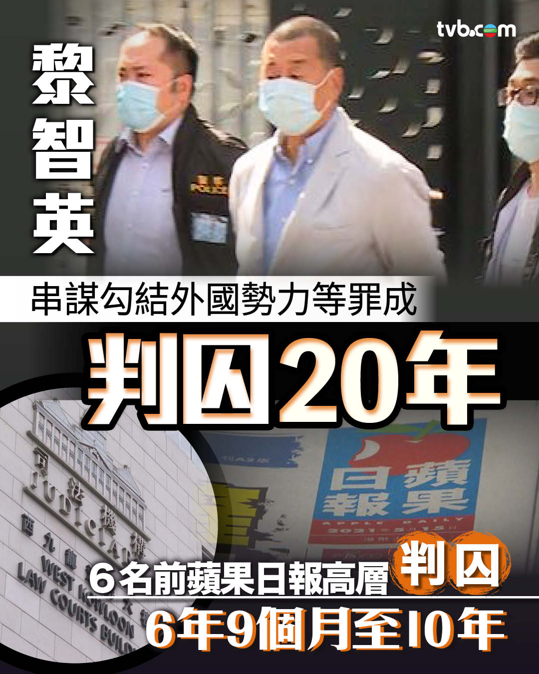 TVB - 【轉 無綫新聞 TVB News 】黎智英案判刑｜黎判囚20年 前蘋果日報高層囚6年9個月至10年 黎智英和《蘋果日報》三間公司 ...