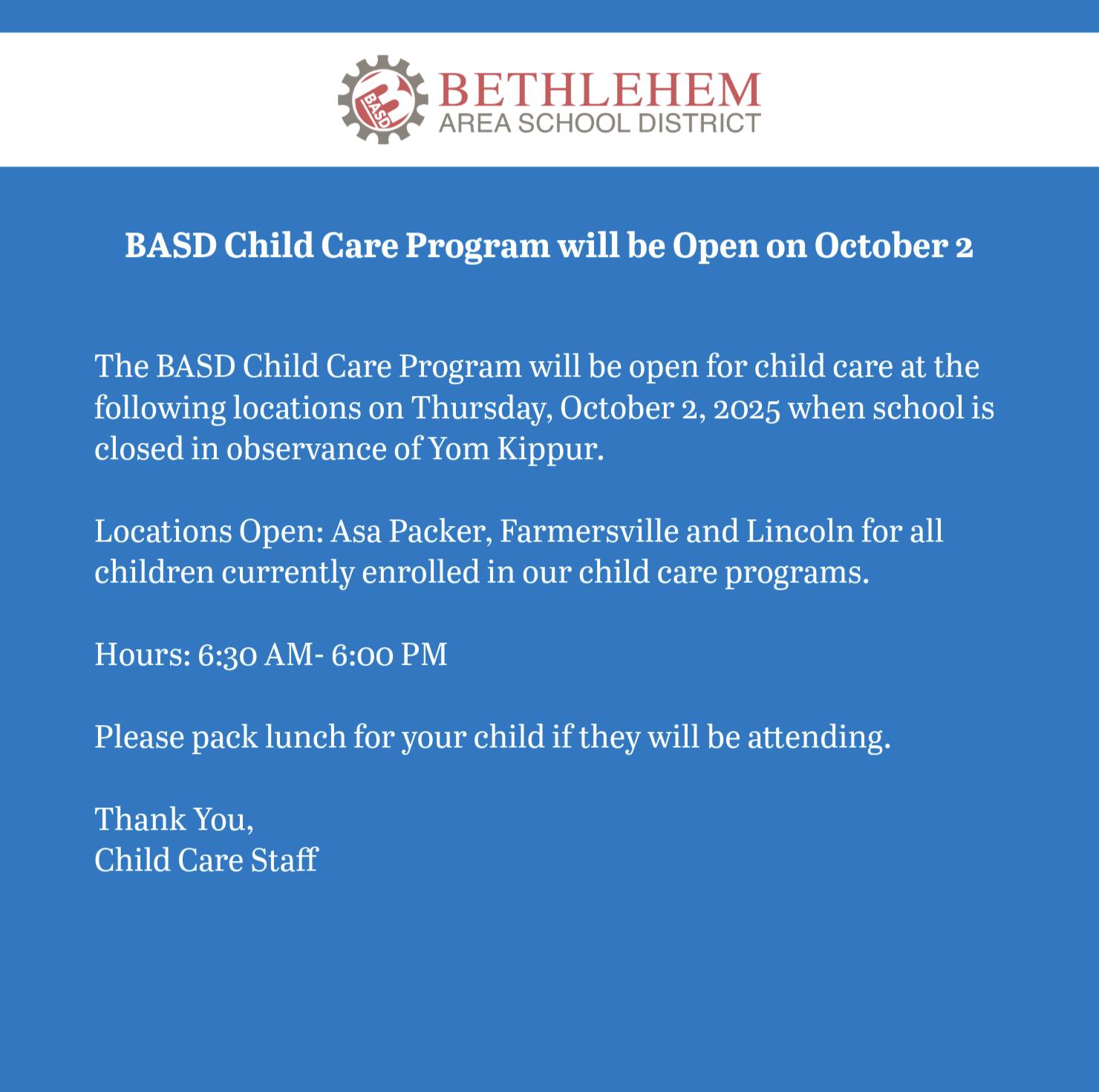 The BASD Child Care... - Bethlehem Area School District | Facebook