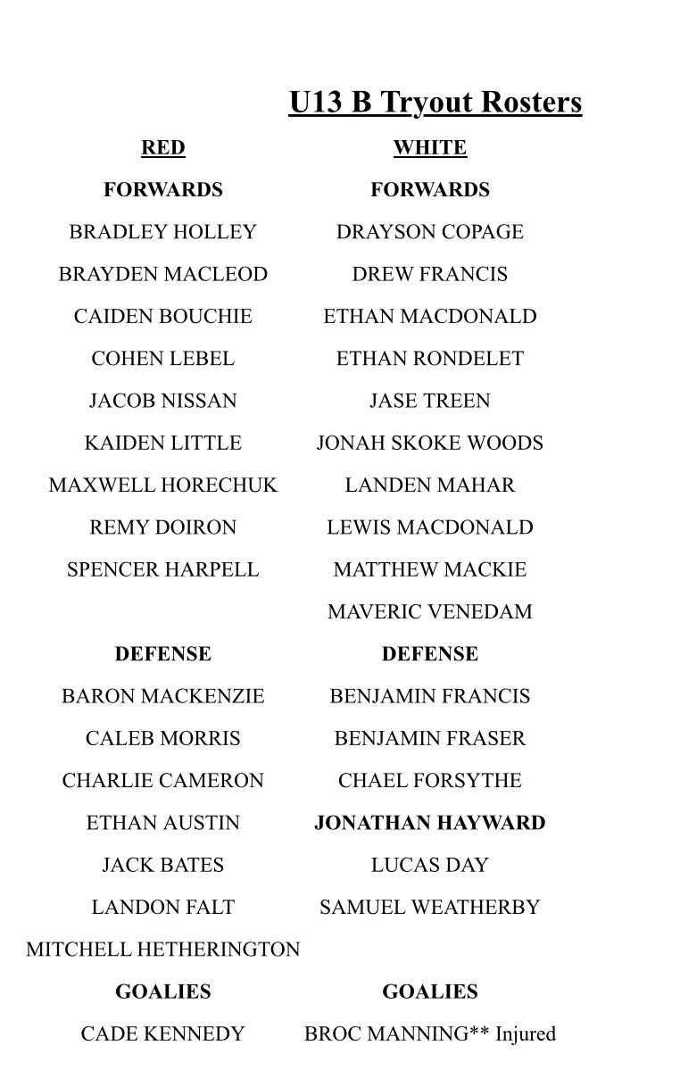 PCMHA - Here are the U13 B Tryout Rosters. U13 A Goalie Jacob Davidson ...