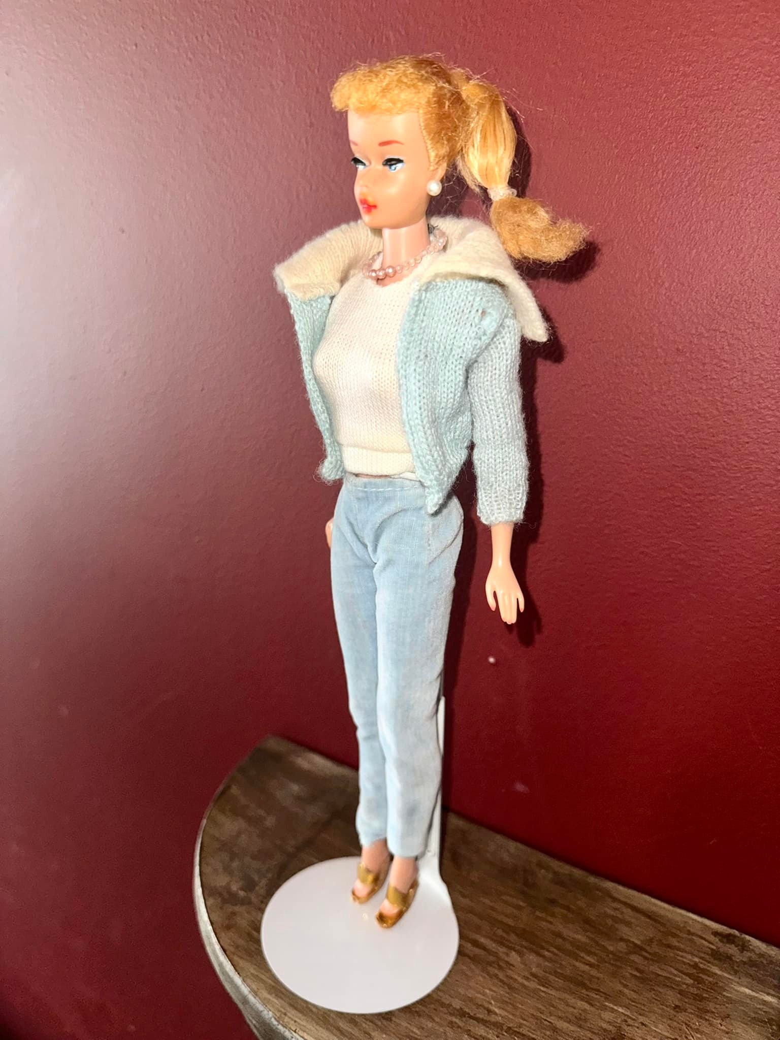 Vintage Barbie outfit with gold cork shoes