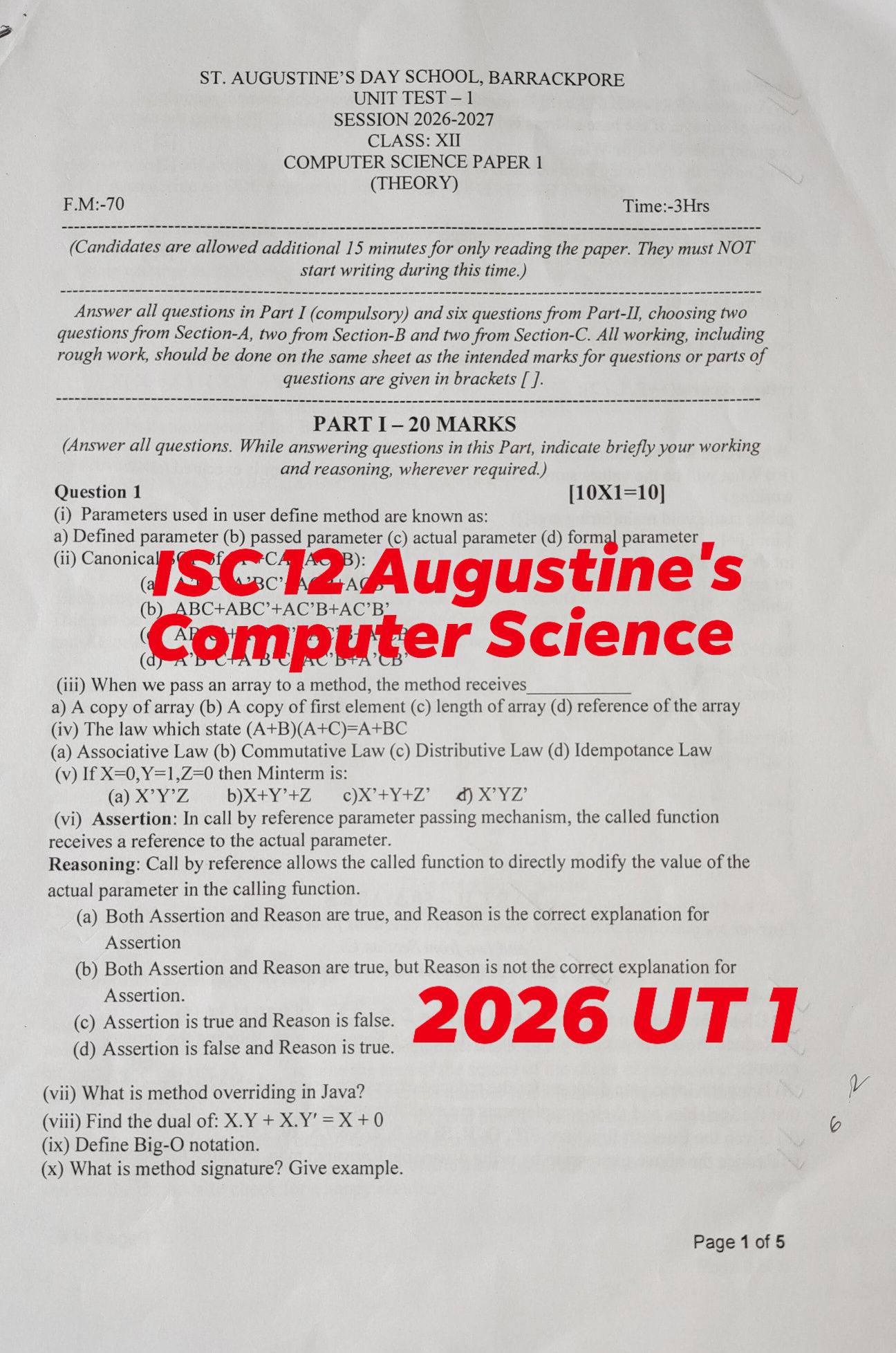 ISC12 Computer Science Unit Test1 Augustine's 26 QUESTION Paper