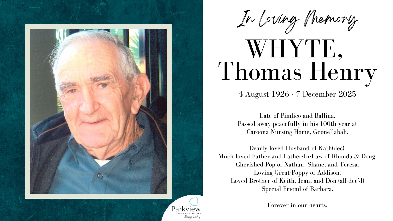 In Loving Memory of Tom Whyte ️... - Parkview Funeral Homes | Facebook
