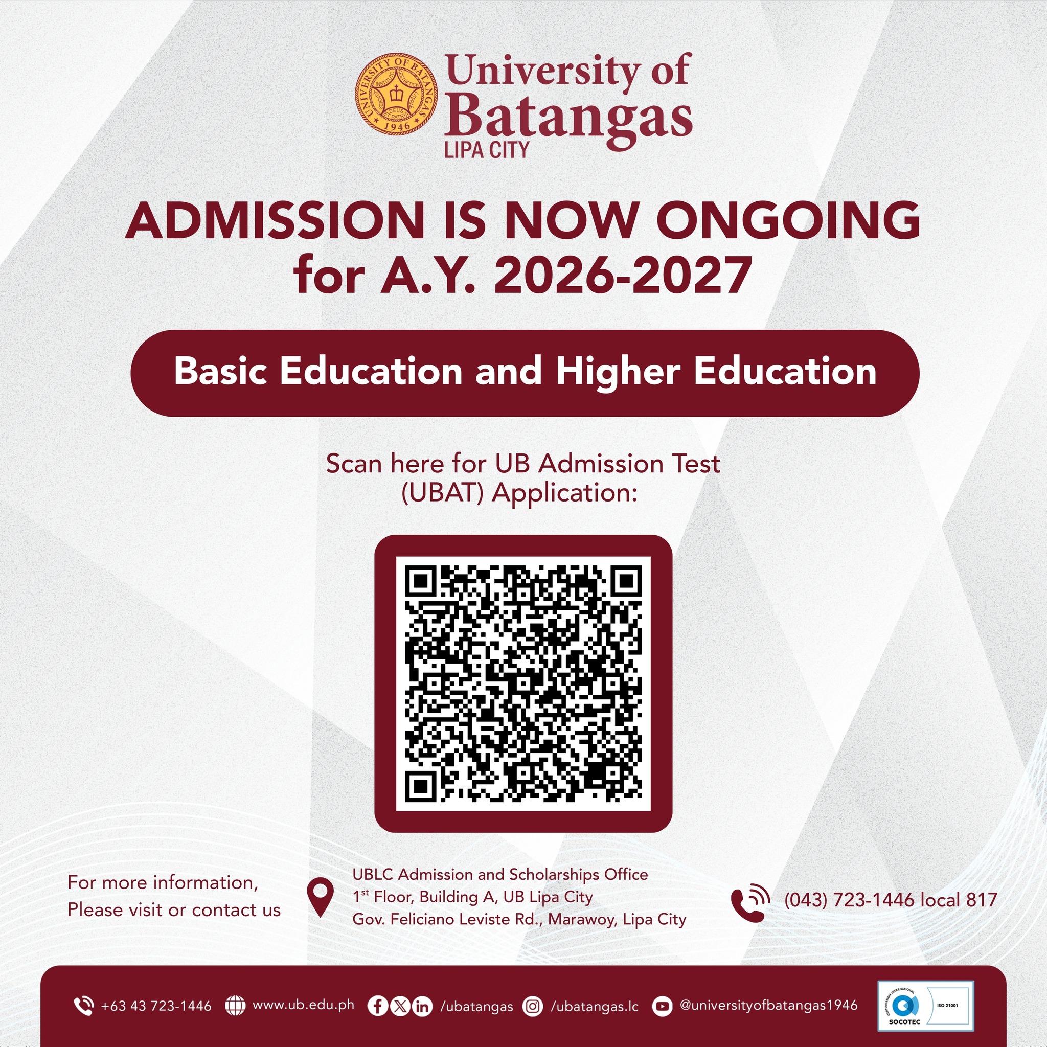 University - 𝗔𝗱𝗺𝗶𝘀𝘀𝗶𝗼𝗻𝘀 for A.Y. 2026–2027 is 𝗻𝗼𝘄 𝗼𝗻𝗴𝗼𝗶𝗻𝗴 for both ...