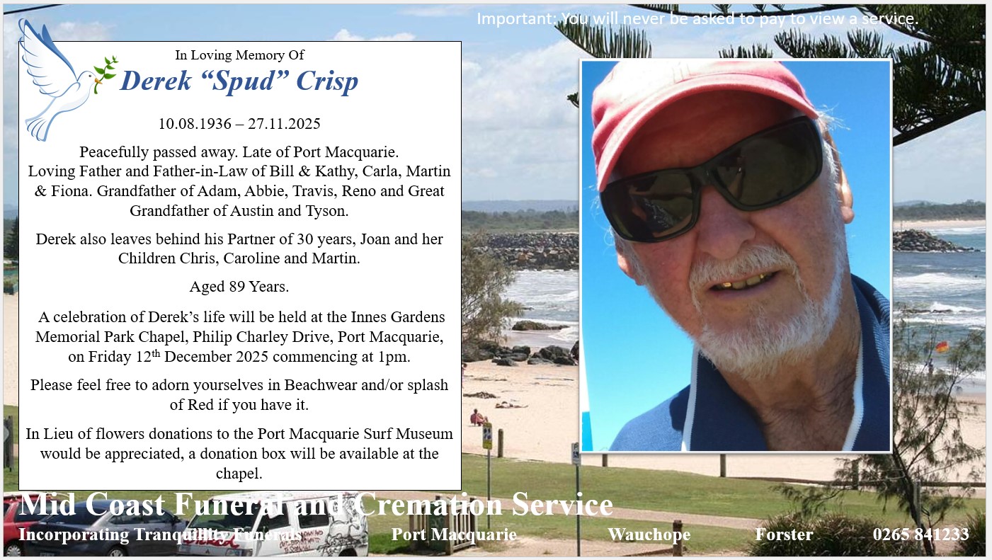 Mid - Funeral Announcement for Derek Crisp 