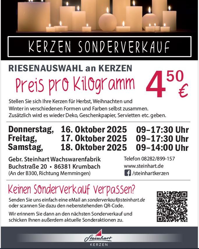 🌟 Es ist wieder soweit: Unser Kerzenkiloverkauf in Krumbach! 🌟 Seit vielen Jahren ist er ein fester Termin im Kalender – unser beliebter Kerzenkiloverkauf! 🕯️💛 Auch dieses Jahr könnt ihr euch wieder
