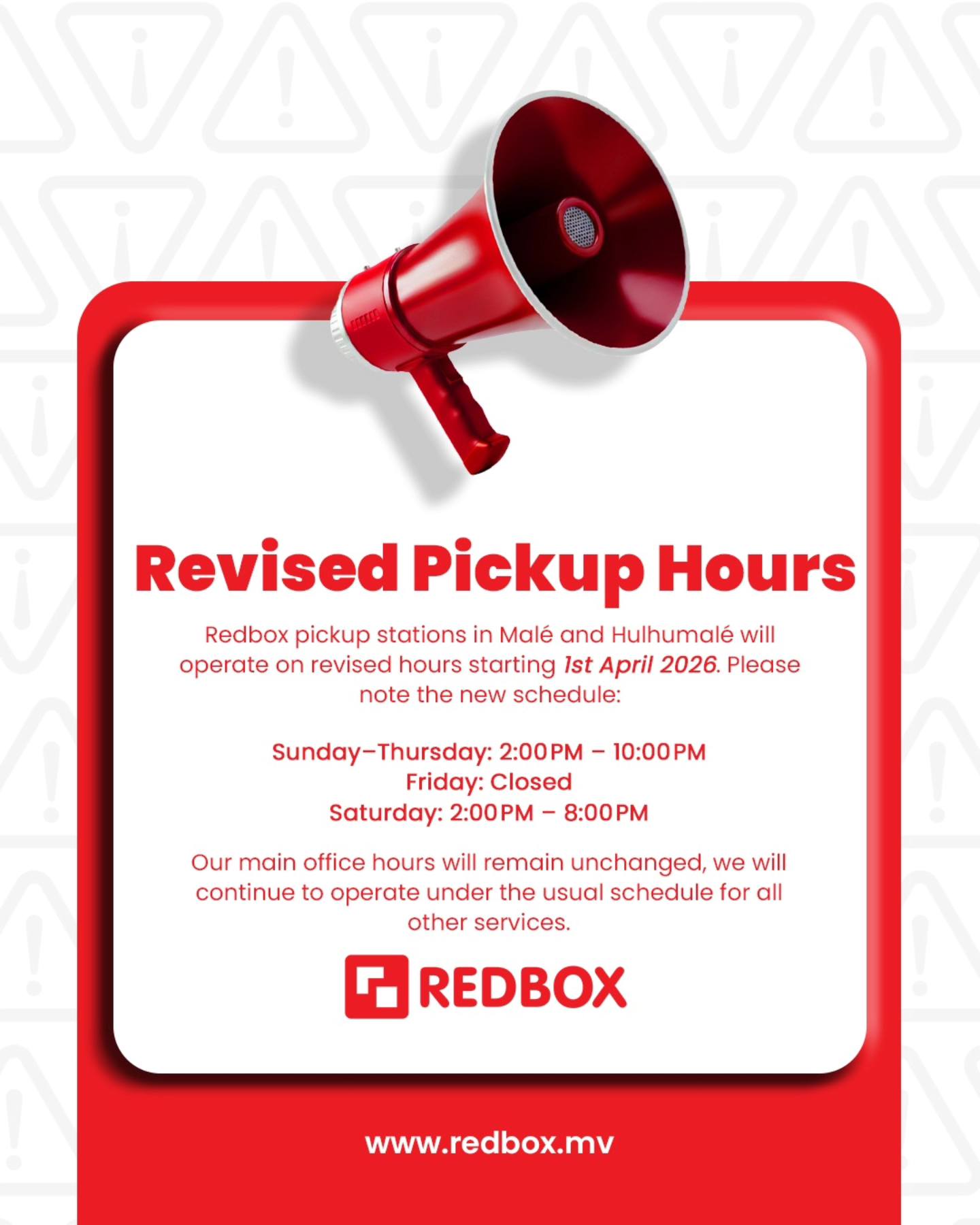 UPDATED OPENING HOURS FOR PICKUP STATIONS