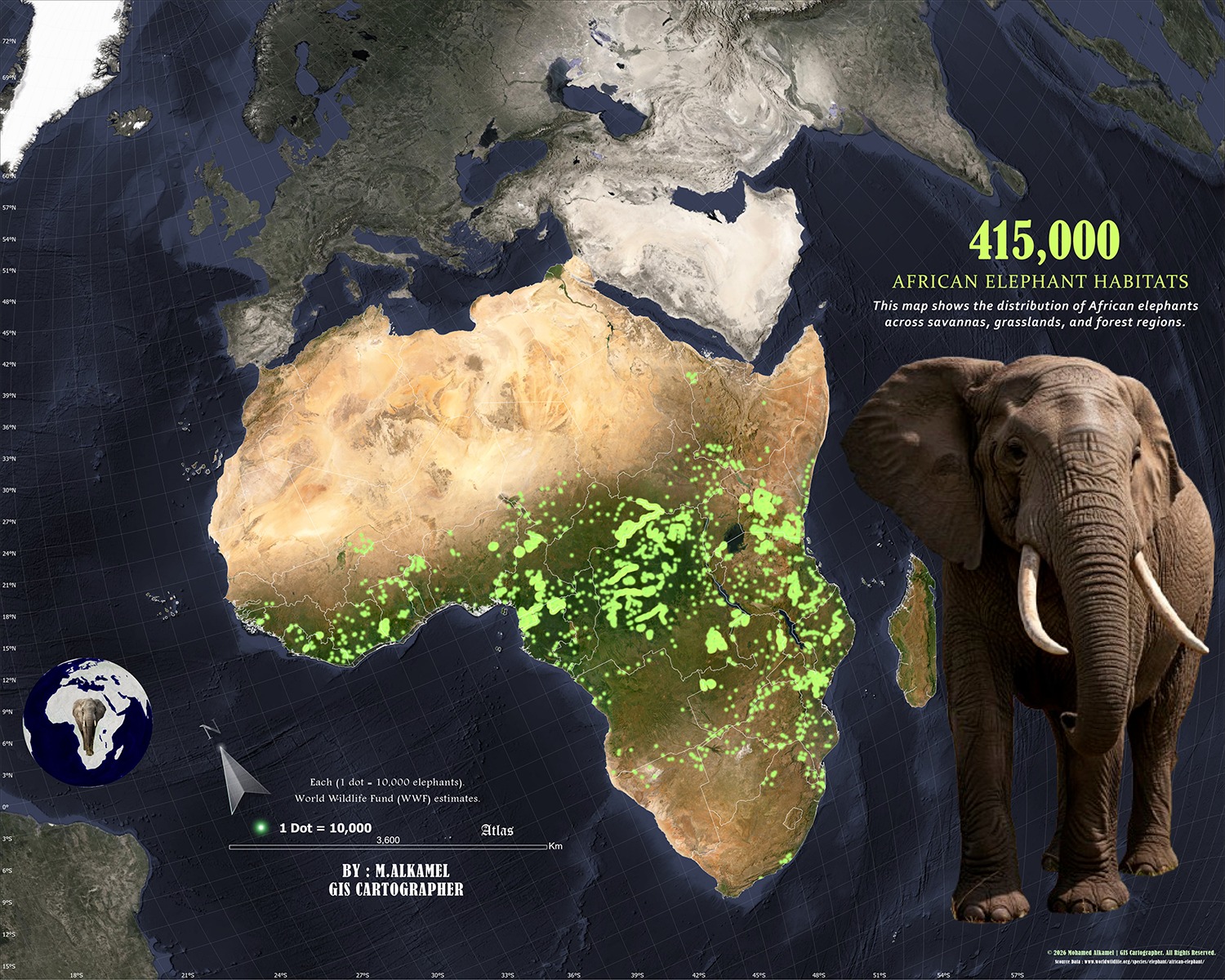 Esri - 𝗘𝗹𝗲𝗽𝗵𝗮𝗻𝘁 𝗛𝗮𝗯𝗶𝘁𝗮𝘁𝘀 𝗗𝗼𝘁 𝗠𝗮𝗽 - 𝗔𝗳𝗿𝗶𝗰𝗮 This map illustrates elephant ...