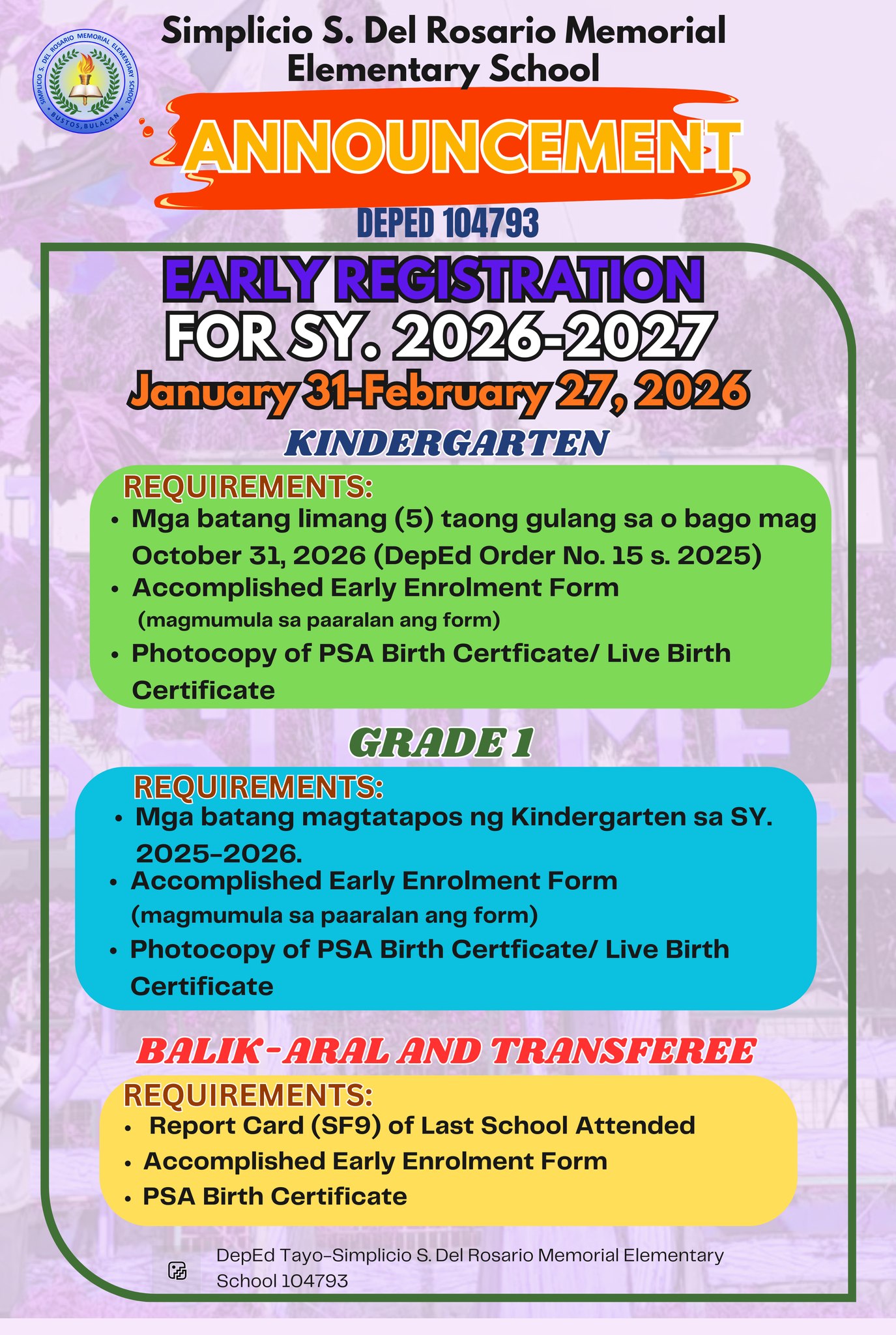 DepEd - 📣📣 EARLY REGISTRATION | SY 2026–2027 📣📣 🗓 Enero 31 – Pebrero 27 ...