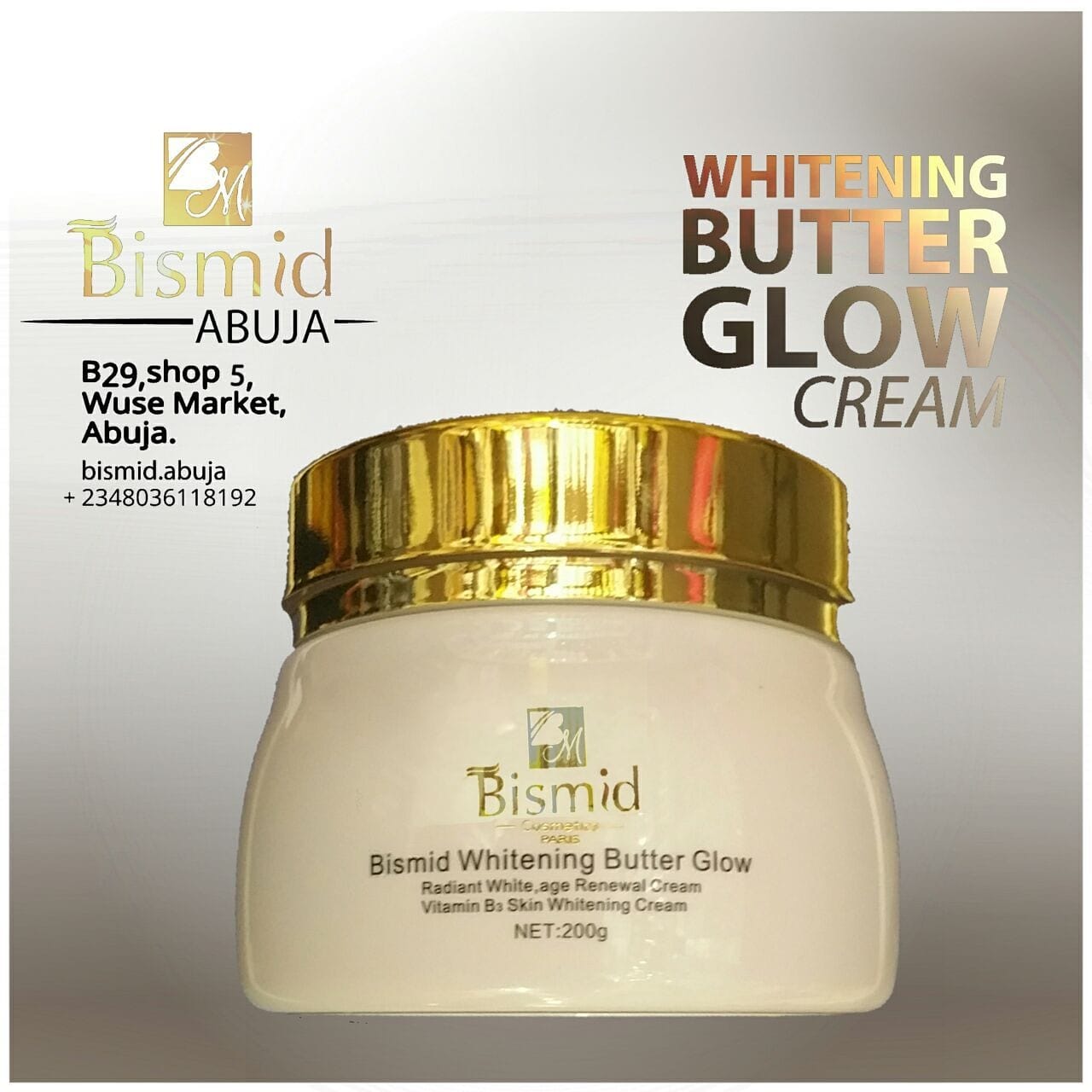 Crème Blanchissante BISMID WHITENING BUTTER GLOW 200ml - Aloe Vera Vitamine C - Neuf Original