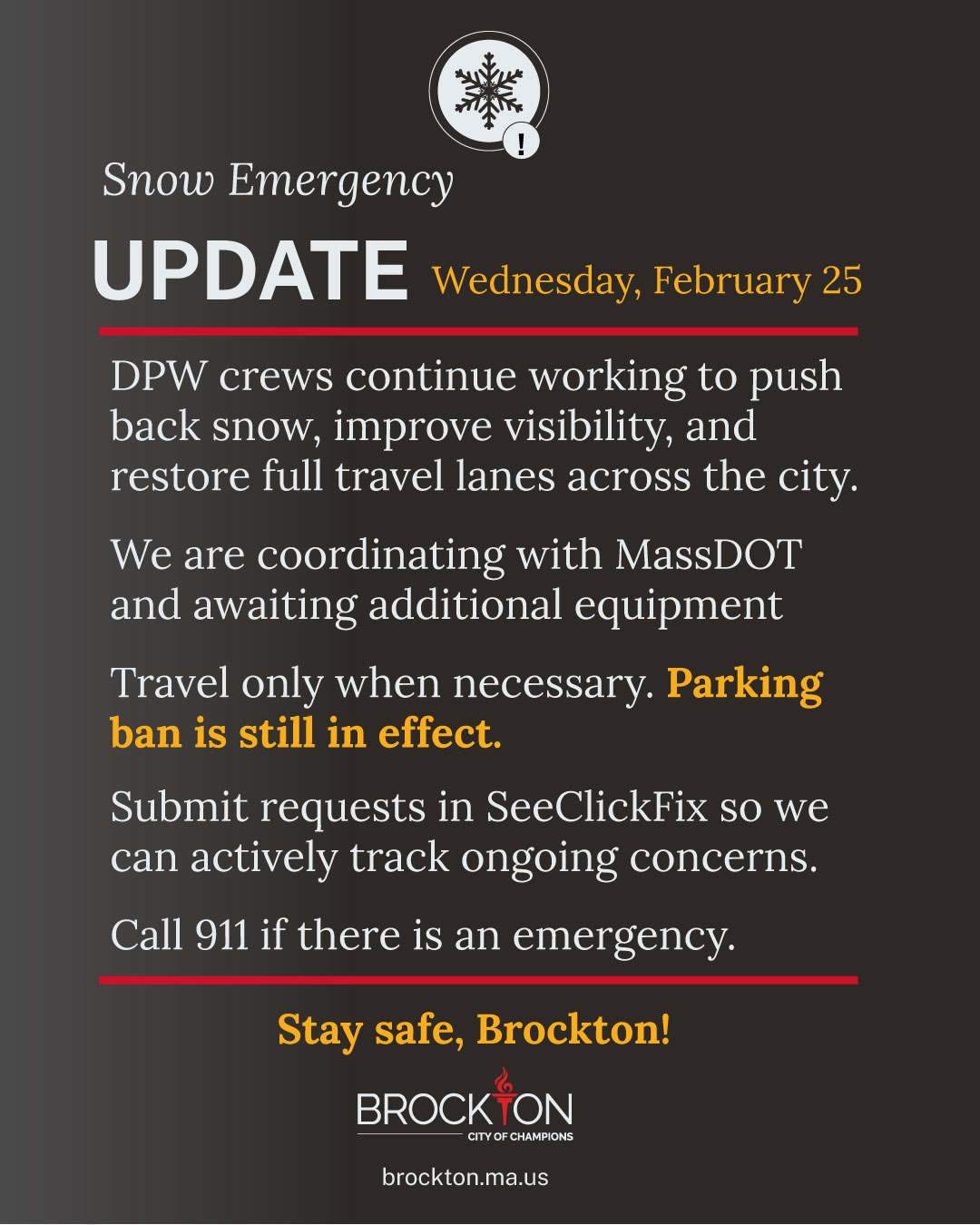 City - Snow Removal Update (Wednesday, February 25) Brockton DPW crews ...