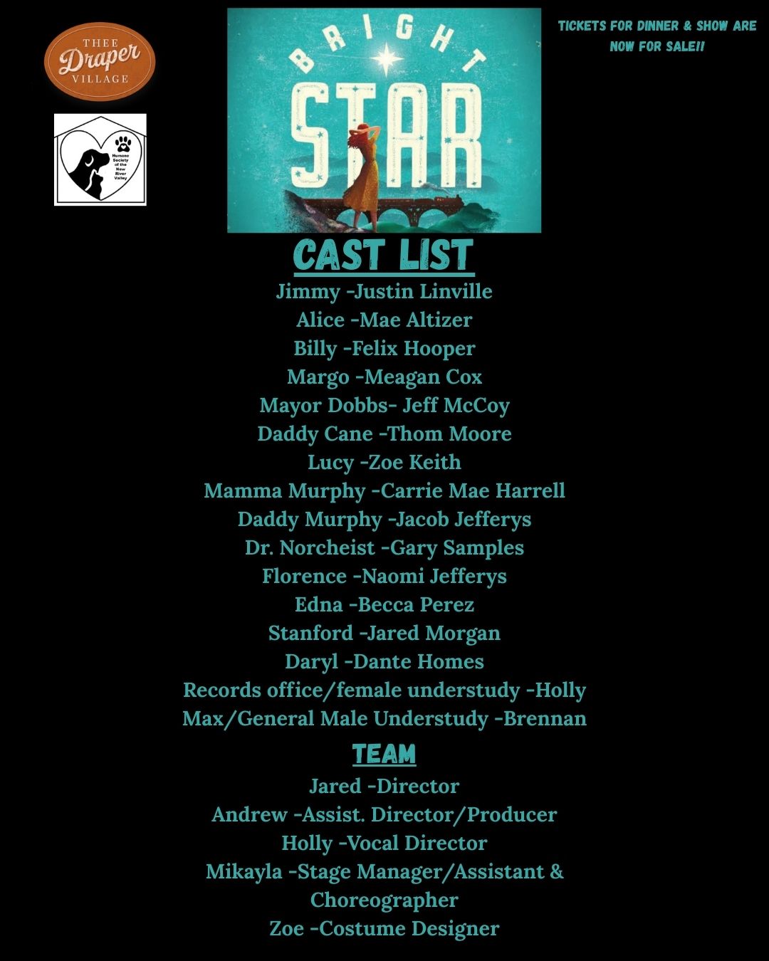 Draper - Here’s our cast list for our upcoming production, Bright Star ...